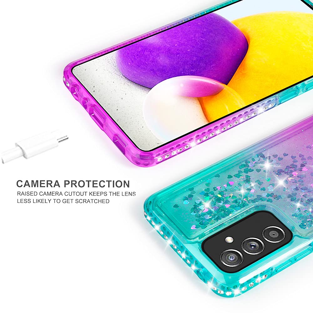 SOGA Samsung Galaxy A82 5G / Quantum 2 Phone Case with Tempered Glass Screen Protector - Diamond Liquid Quicksand Cover for Women (Teal/Purple) | Cute Protective Case for Everyday Use & Travel