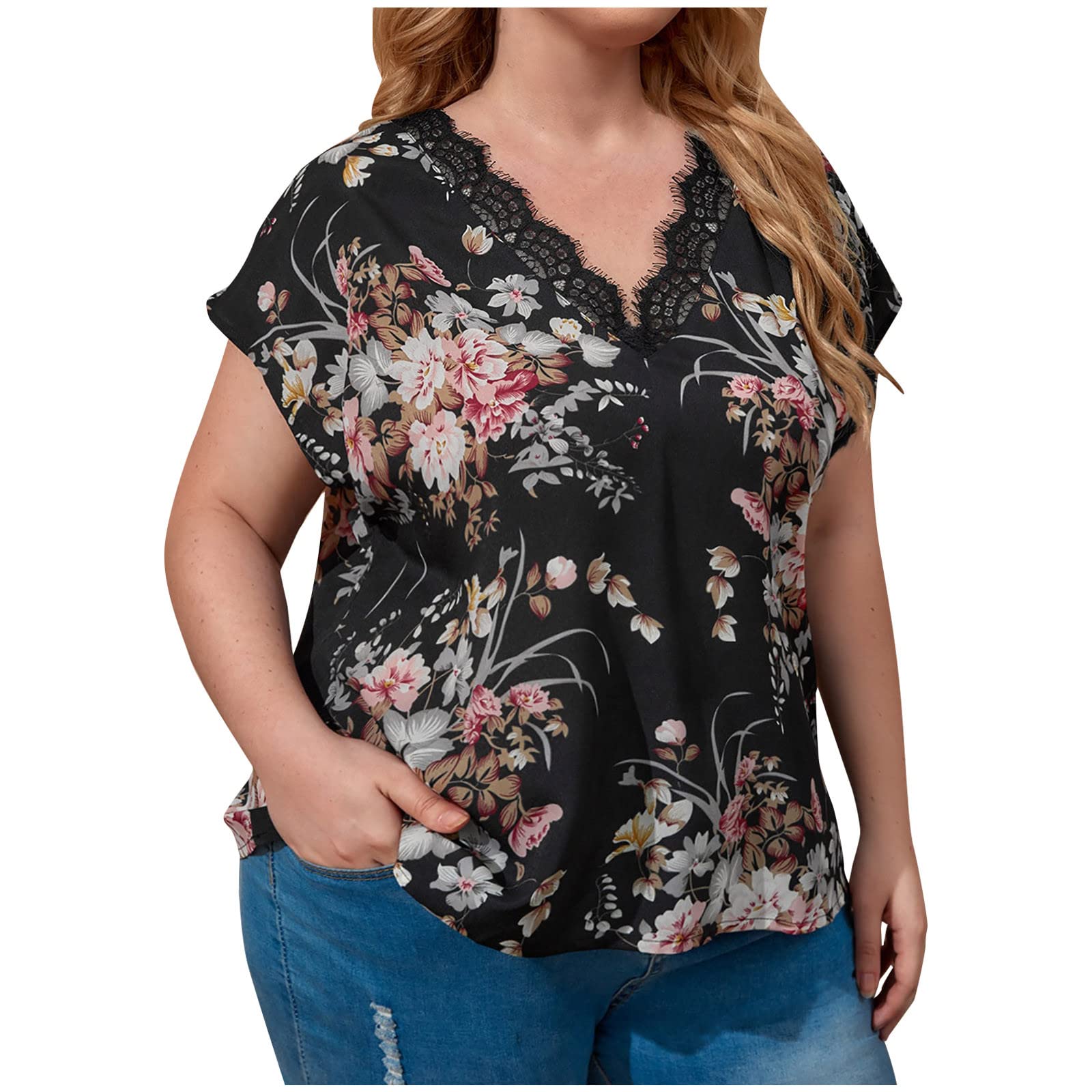 Plus Size Women's Casual Blouses - Lace Trim V-Neck Loose Fit T-Shirts, Soft Basic Graphic Tees for Fall | Perfect for Work, Weekend & Layering