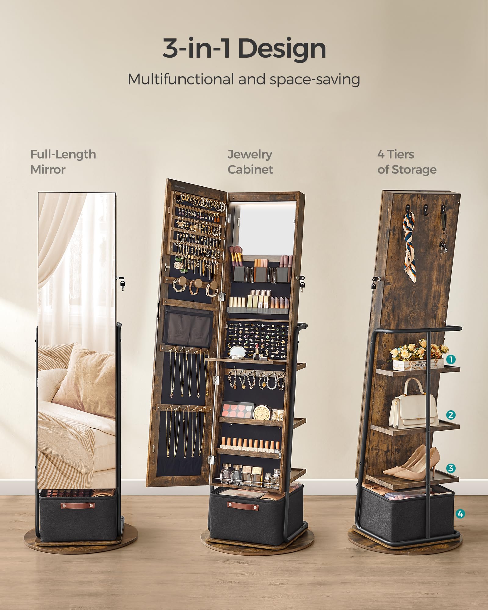 SONGMICS 360° Swivel Full-Length Mirror Jewelry Cabinet with LED Lights - Jewelry Armoire Organizer with Large Storage Basket & Makeup Shelf, Rustic Brown UJJC018X01 - Perfect for Bedroom, Dressing Room & Closet Organization