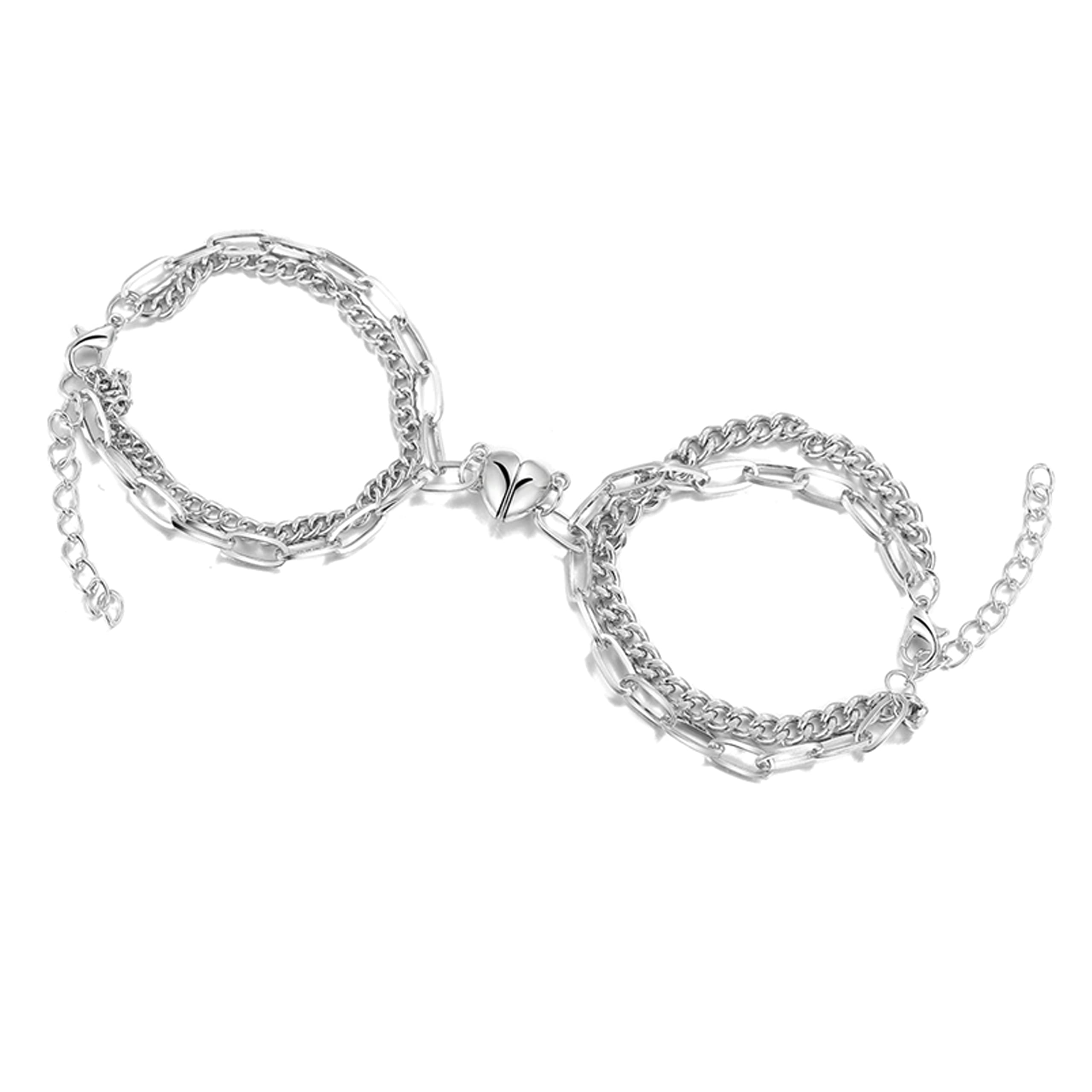 Valentine's Day Crystal Heart Silver Couple Ring & Magnetic Bracelet Set - Romantic Gift for Girlfriend, Wife, Couples - Perfect for Anniversaries, Proposals, and Special Occasions