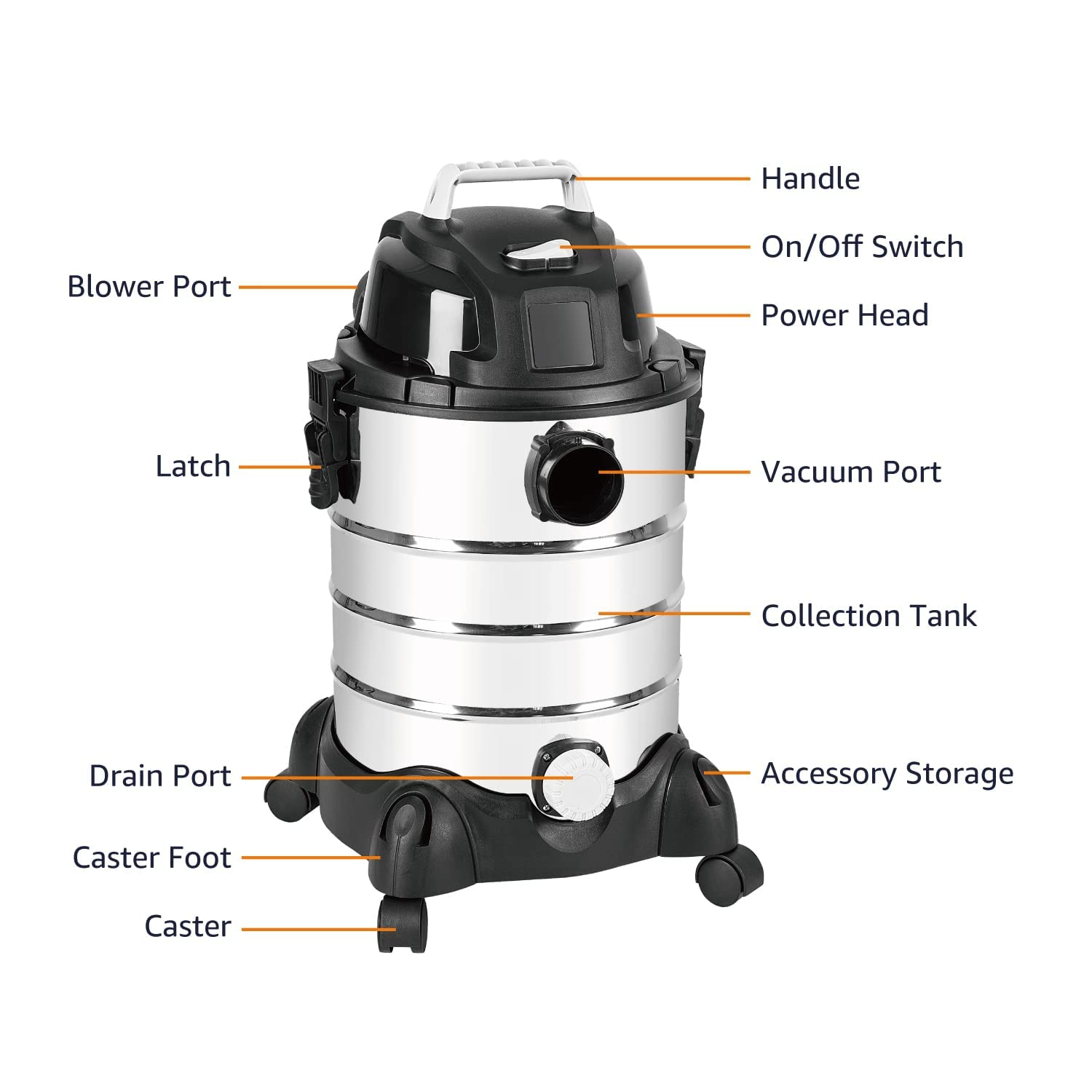 Amazon Basics 6 Gallon Wet Dry Vacuum Cleaner, 3.5 HP Stainless Steel Shop Vac - Grey/Black - Ideal for Garage, Workshop, and Home Cleaning
