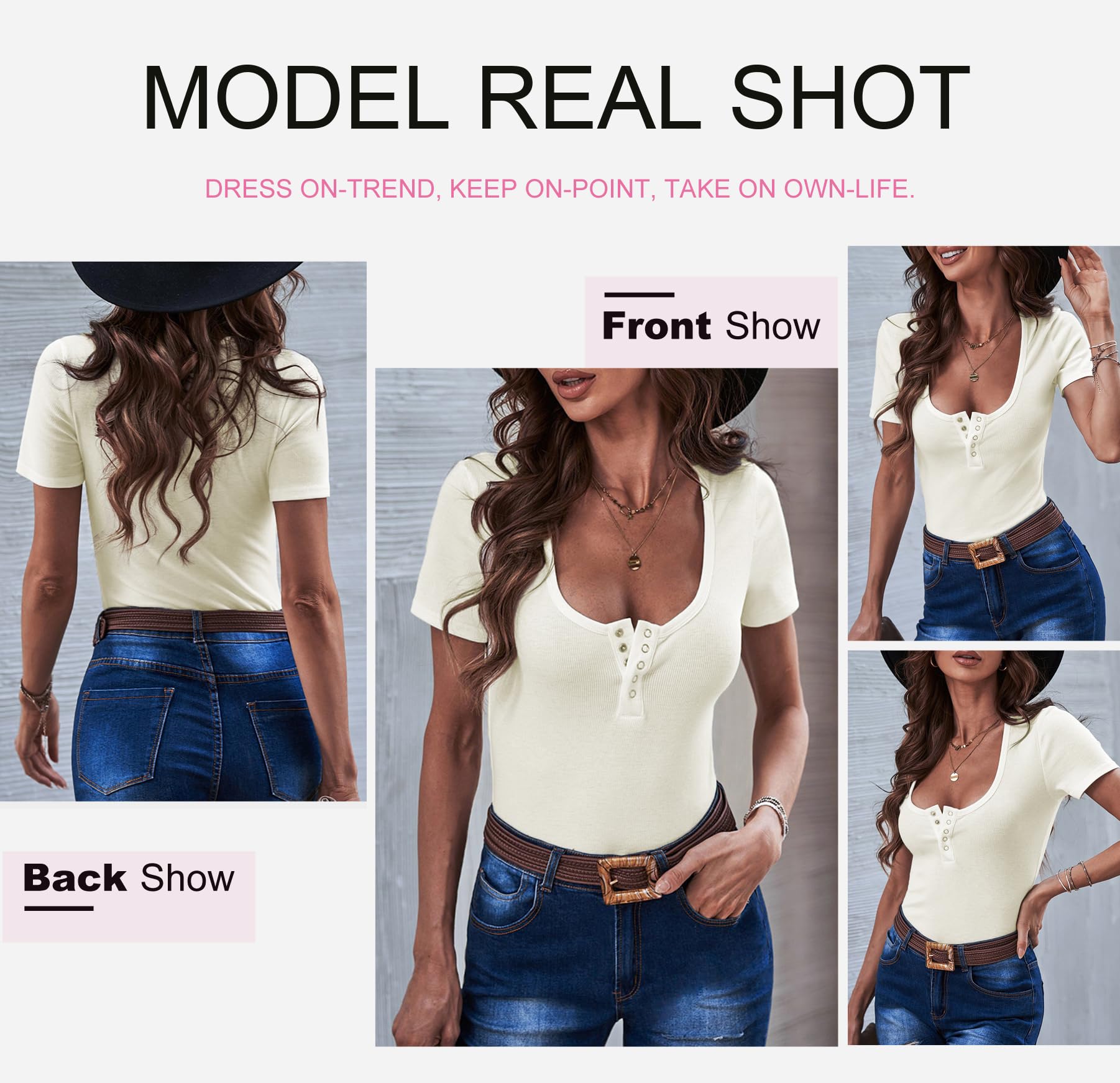 Dokotoo Women's Basic Ribbed Knit Low Cut Button Down Slim Fitted Tee - Soft Stretch Summer T-Shirt for Casual Wear, Layering & Everyday Outfits