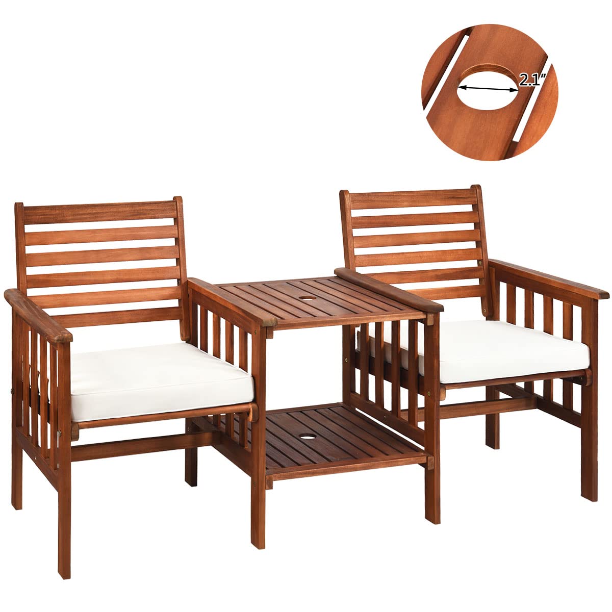 Acacia Wood Loveseat with Table - Patio Bistro Set with Cushions, 2.1-inch Umbrella Hole - Outdoor Garden & Balcony Furniture for Relaxing & Entertaining