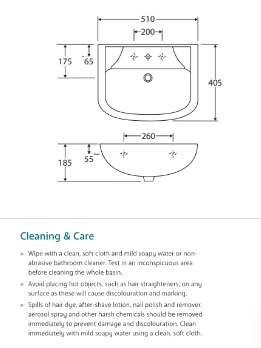 Fienza 600101W RAK Lara Wall-Mounted Ceramic Bathroom Sink with Single Tap Hole - White | Modern Space-Saving Design for Small Bathrooms & Powder Rooms