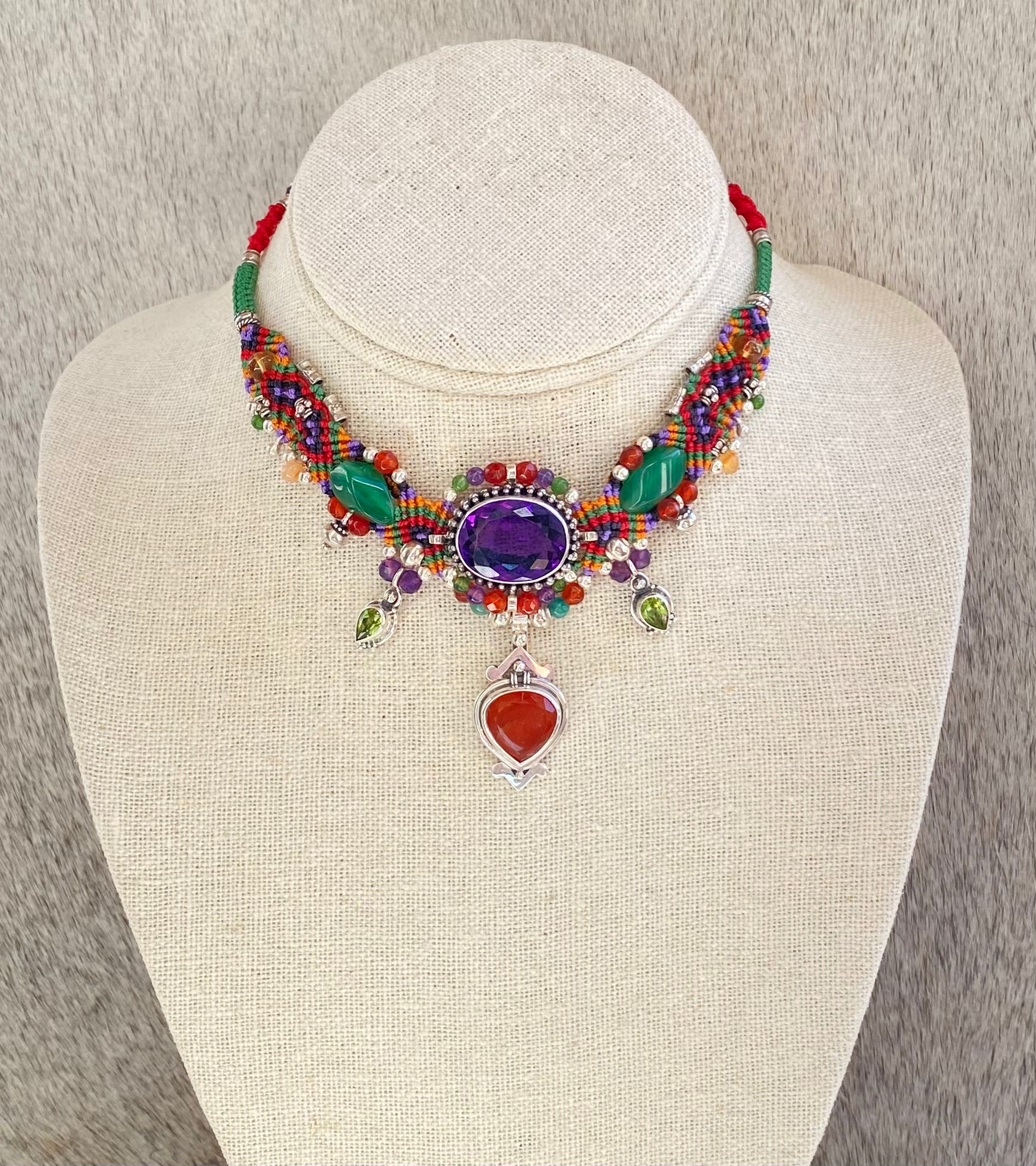 Handmade Macramé Choker Necklace with Amethyst & Carnelian Gemstones - Boho Chic Jewelry for Women, Festival Accessory, Layering Piece