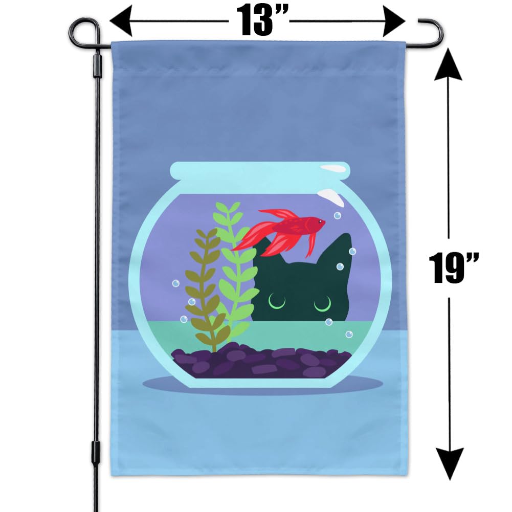 Black Cat Staring at Betta Fish Bowl - Outdoor Garden Yard Decorative Flag for Patio, Lawn & Home Decor - Perfect for Halloween, Pet Lovers & Unique Housewarming Gifts