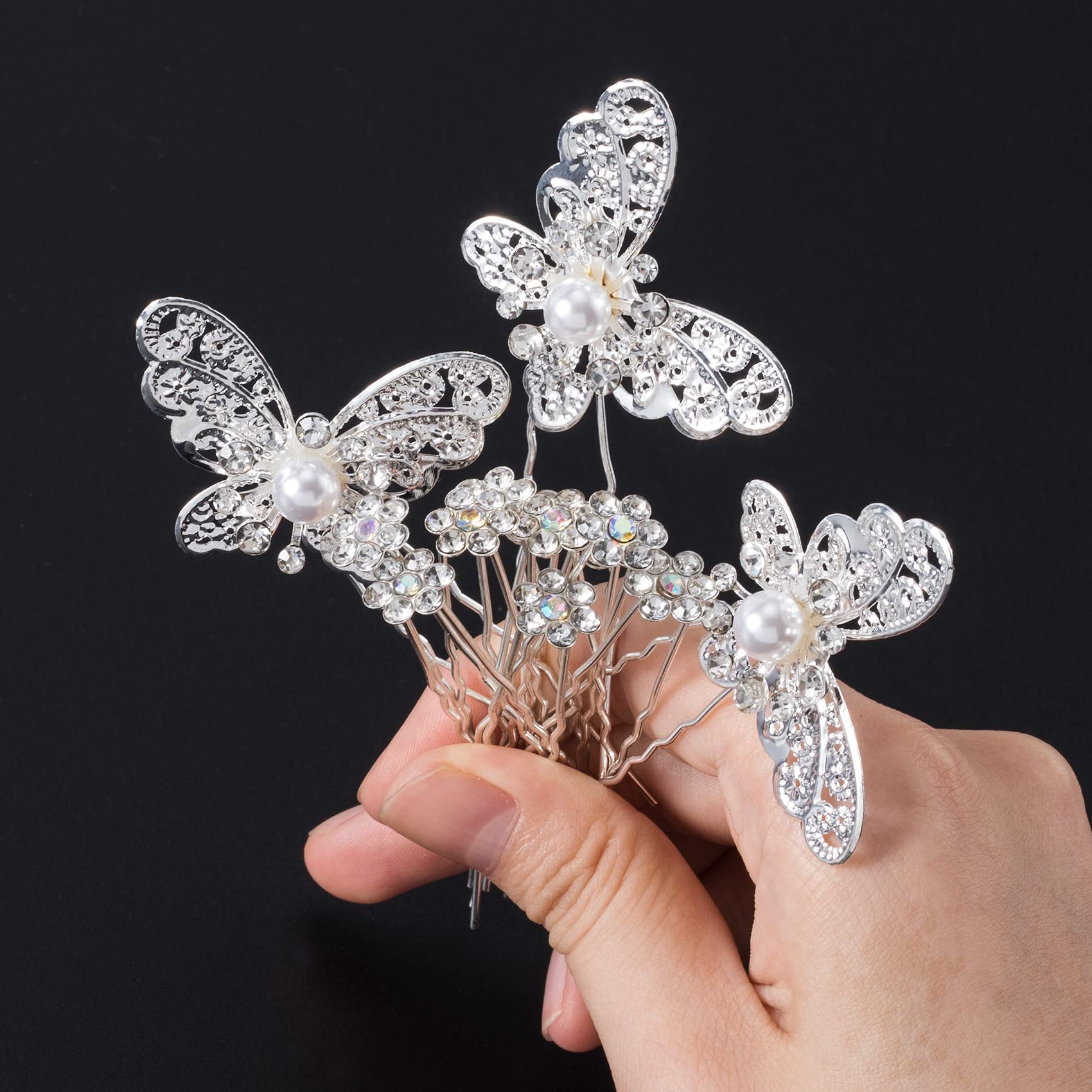 OIIKI 20 PCS Wedding Bridal Hair Pins - Pearl Butterfly U Shape Hair Clips with Rhinestones & Flowers - Elegant Hair Accessories for Women & Girls - Perfect for Weddings, Proms, Parties & Special Occasions