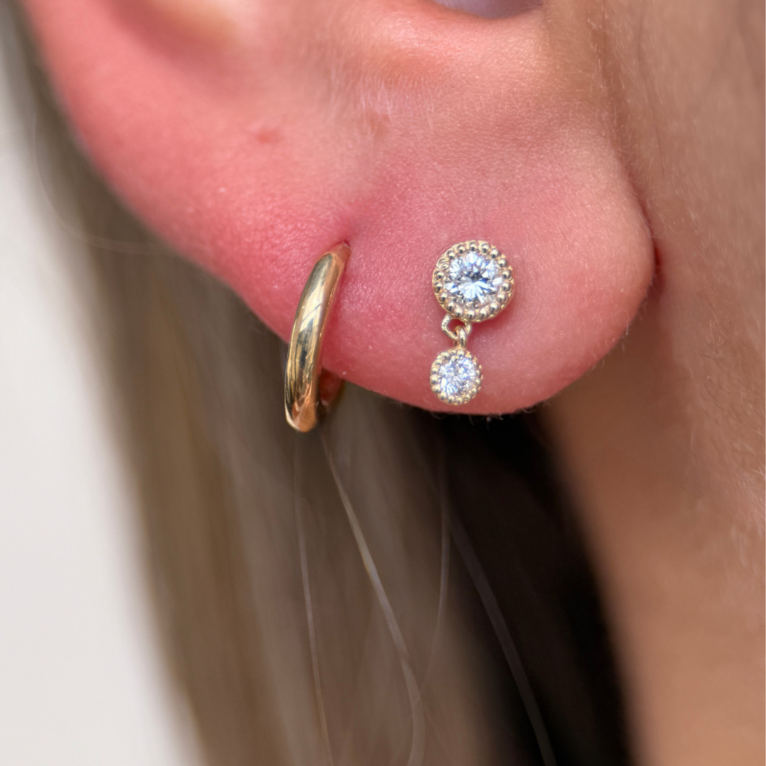 14K Solid Yellow Gold Double Diamond Drop Flat Back Stud Earrings for Women - Perfect for Everyday Wear, Parties & Special Occasions