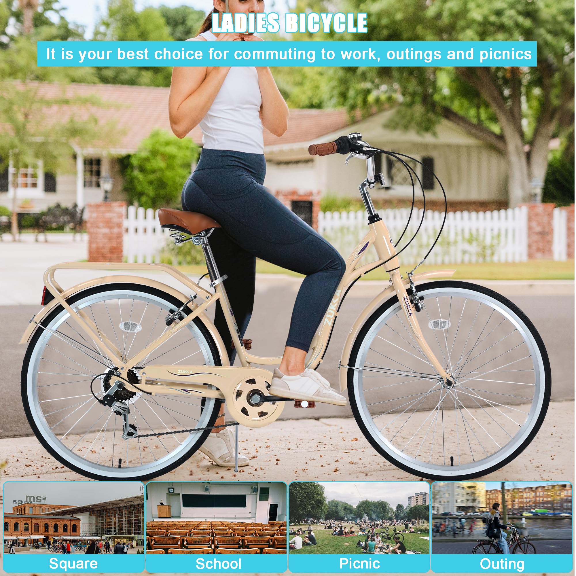 26 Inch Women's Beach Cruiser Bike - 7 Speed Commuter Bicycle with Lightweight High Carbon Steel Frame, Alloy Wheels & Comfortable Padded Seat - Perfect for Coastal Rides, City Commuting and Leisure Cycling