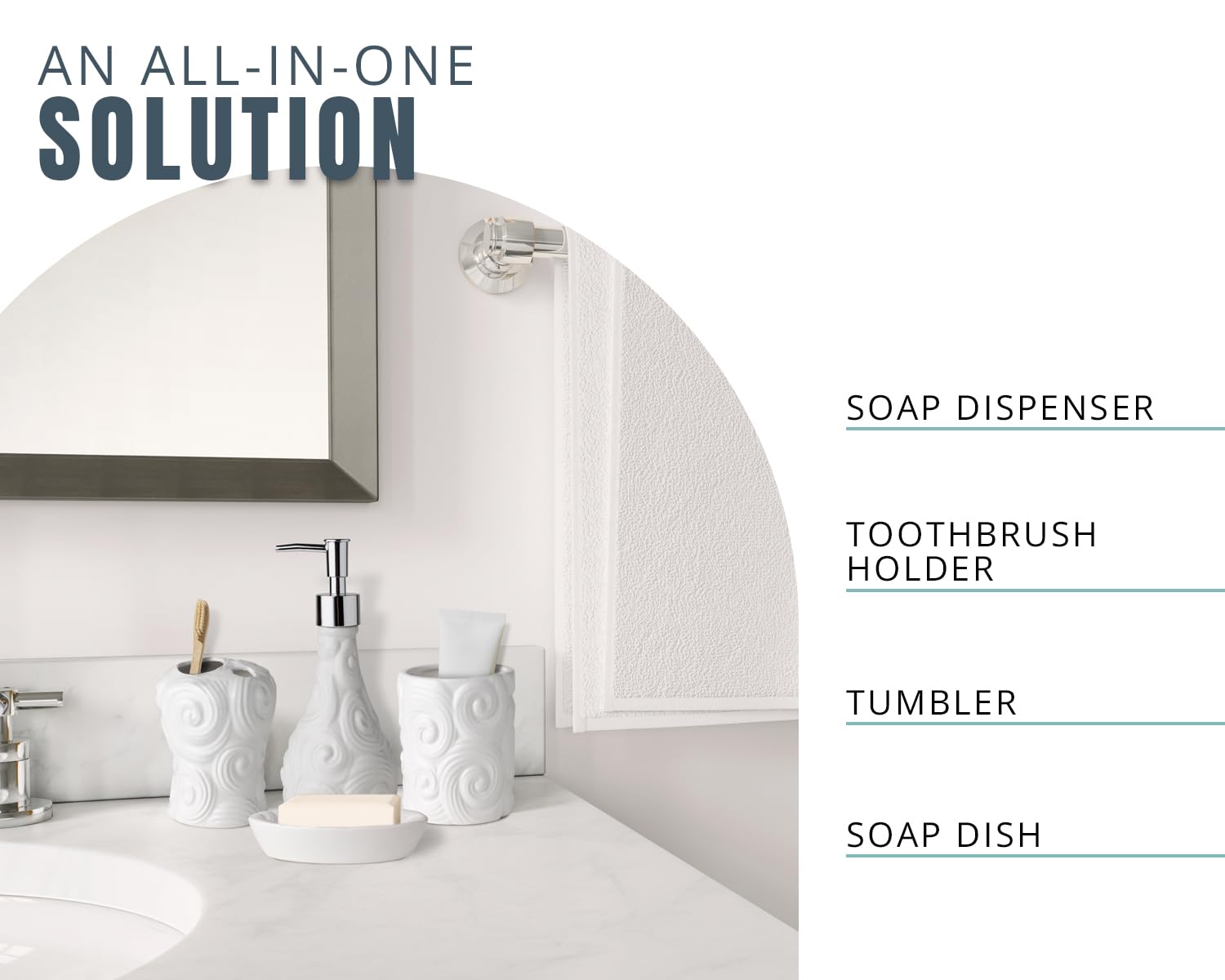 Comfify Designer 4-Piece Bathroom Accessories Set - Porcelain Soap Dispenser, Toothbrush Holder, Tumbler & Soap Dish - Glossy White Finish with Ocean Wave Design - 15.6oz Capacity - Perfect for Modern Bathrooms, Guest Suites & Spa-Style Decor