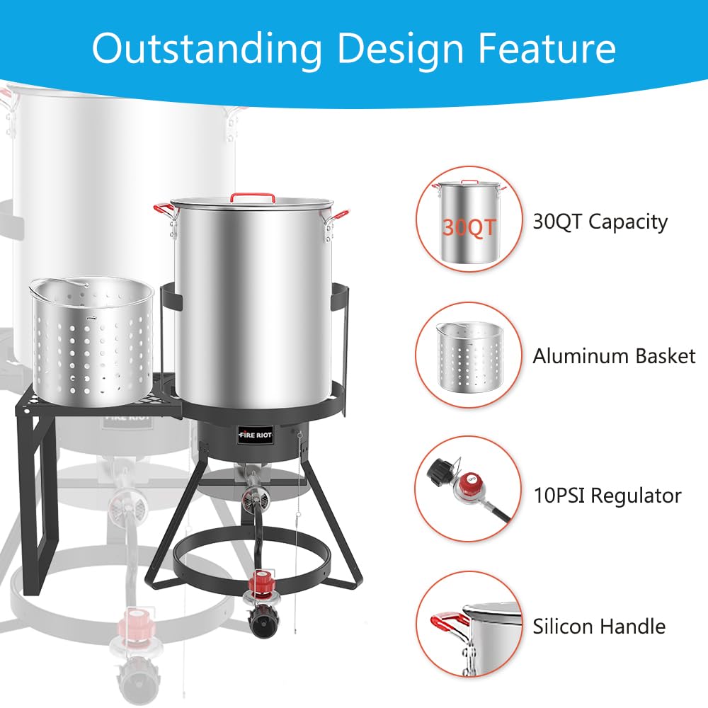 30Qt Turkey Fryer Kit with Basket - Outdoor Propane Deep Fryer with 50,000BTU Cast Iron Burner, Steamer & Seafood Boiler Set - Perfect for Thanksgiving, Backyard BBQs & Outdoor Cooking (Black)