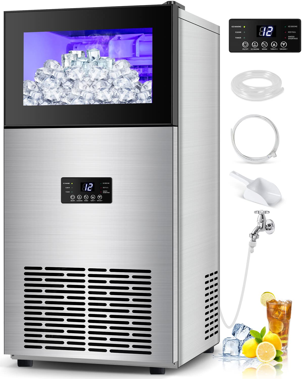 Commercial Ice Maker Machine 160Lbs/24H, 35Lbs Storage, 63 Clear Ice Cubes in 11-20 Mins - Stainless Steel Undercounter Freestanding Ice Machine for Home Bar, Restaurant, Outdoor Party & RV Use