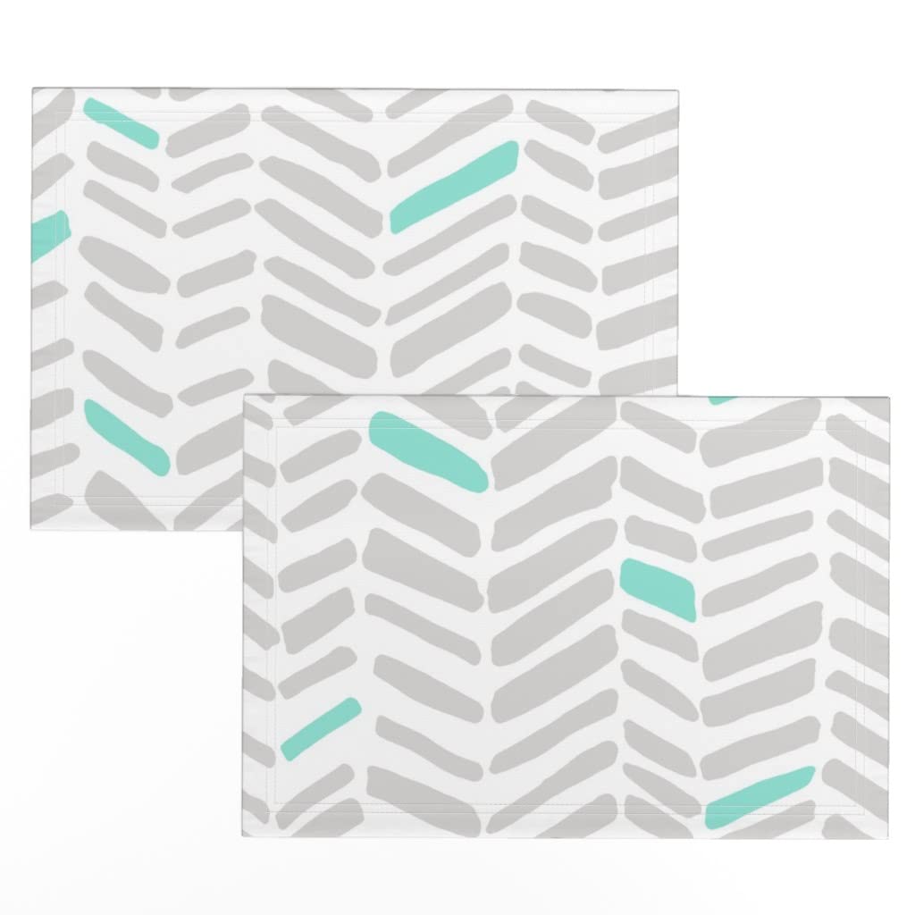 Spoonflower Linen Cotton Canvas Placemats Set of 2 - Mint Geometric Herringbone Chevron Gray Print Table Mats for Dining, Kitchen, and Home Decor