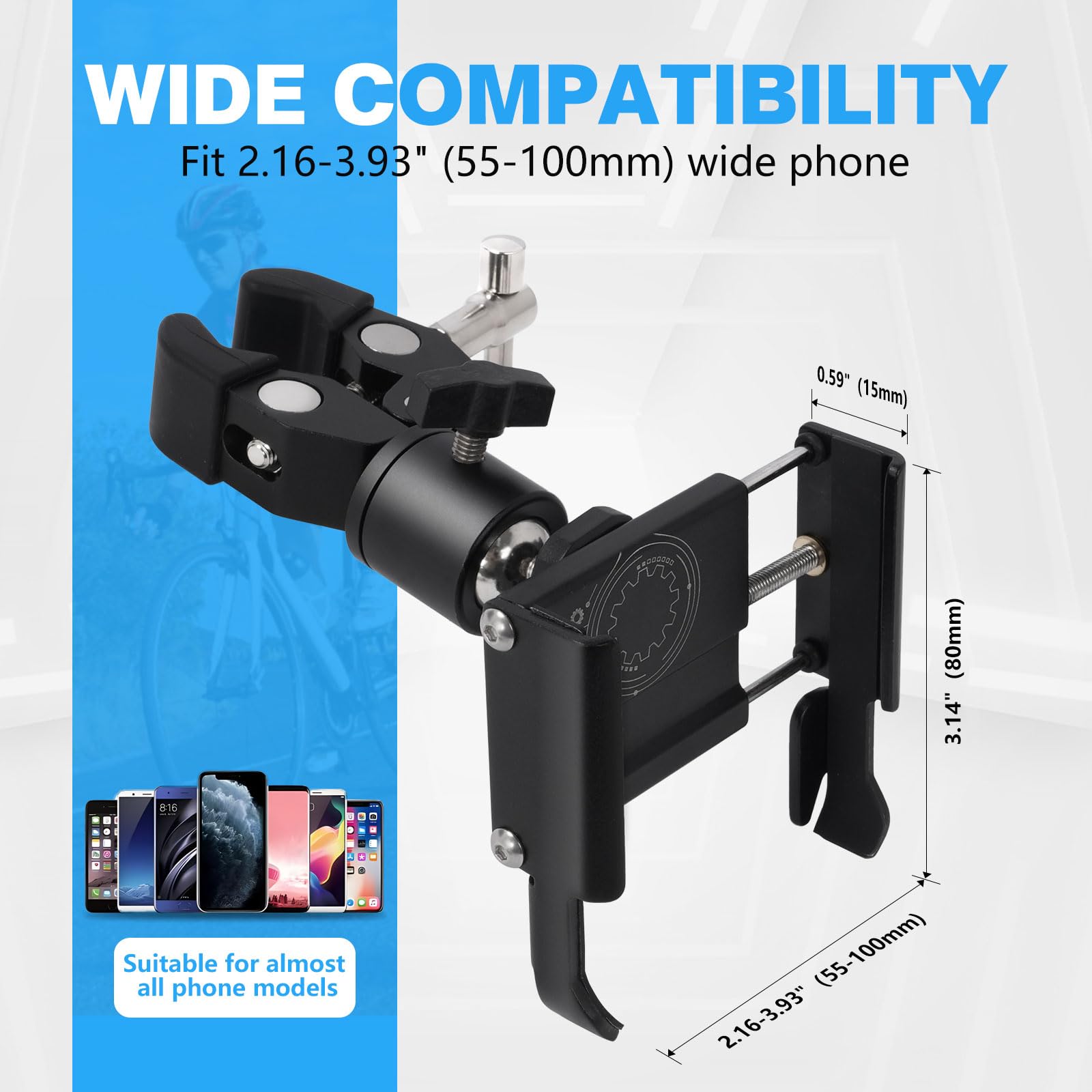 Universal All-Metal Phone Holder with Clamp - Golf Cart, Bicycle, Stroller & Wheelchair Handlebar Mount | Durable Phone Mount for Outdoor Activities, Commuting & Sports