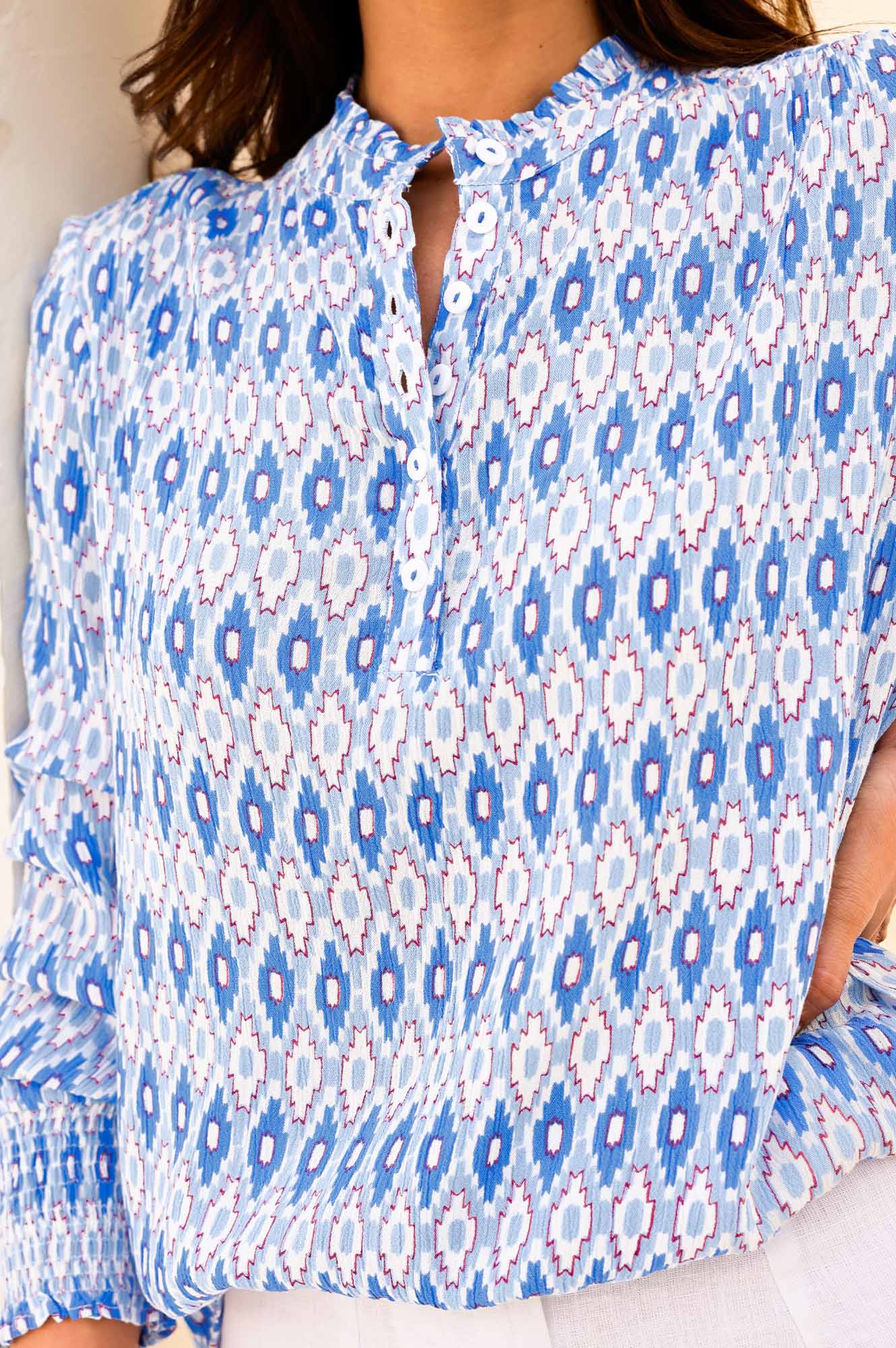 Kaia Blouse Women's Aztec Print Light Blue and Red Floral Boho Top - Perfect for Casual Wear, Festivals, and Vacation Outfits