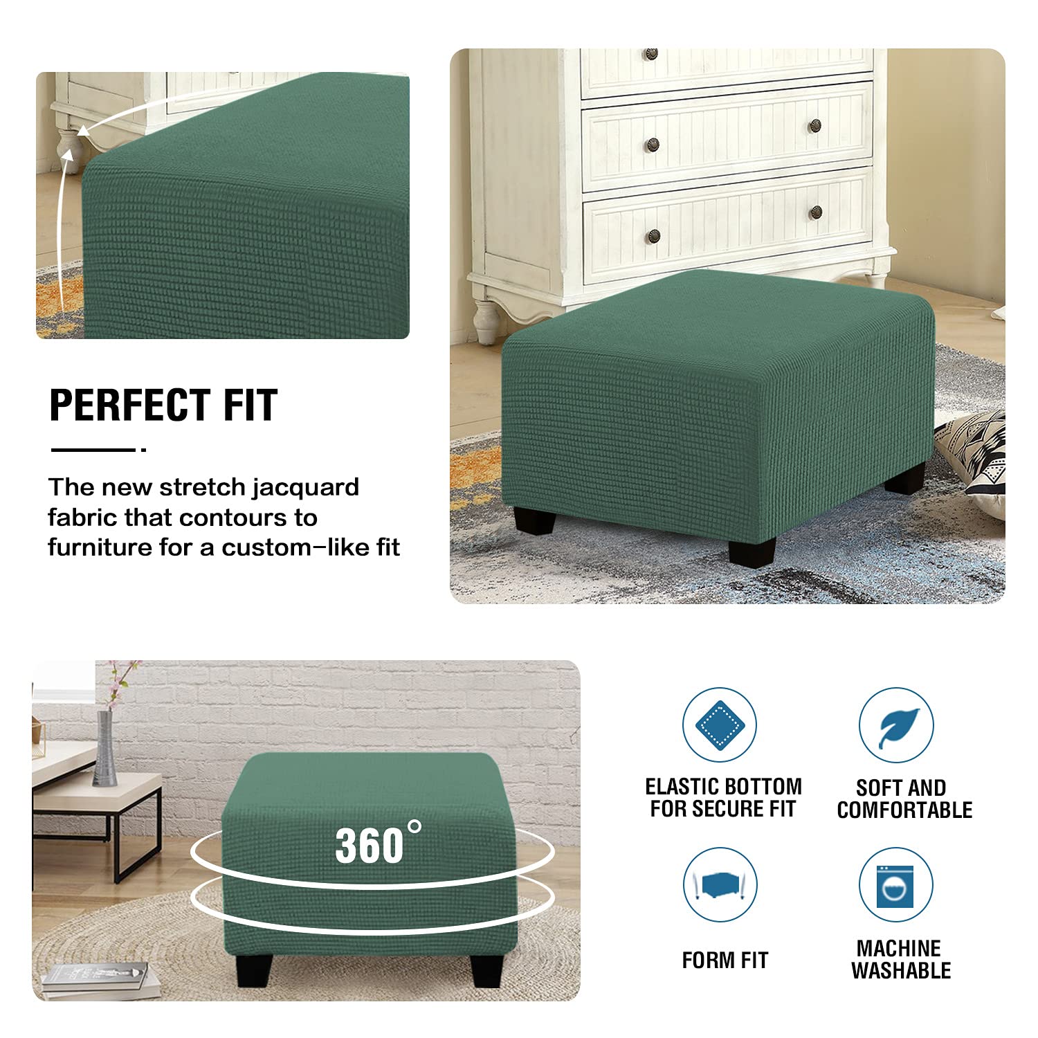 XMNTG Jacquard Stretch Ottoman Slipcover - Washable Square Folding Storage Stool Cover with Elastic Bottom - Furniture Protector & Footrest (Green Checkered Pattern) - Perfect for Living Room, Bedroom & Home Decor
