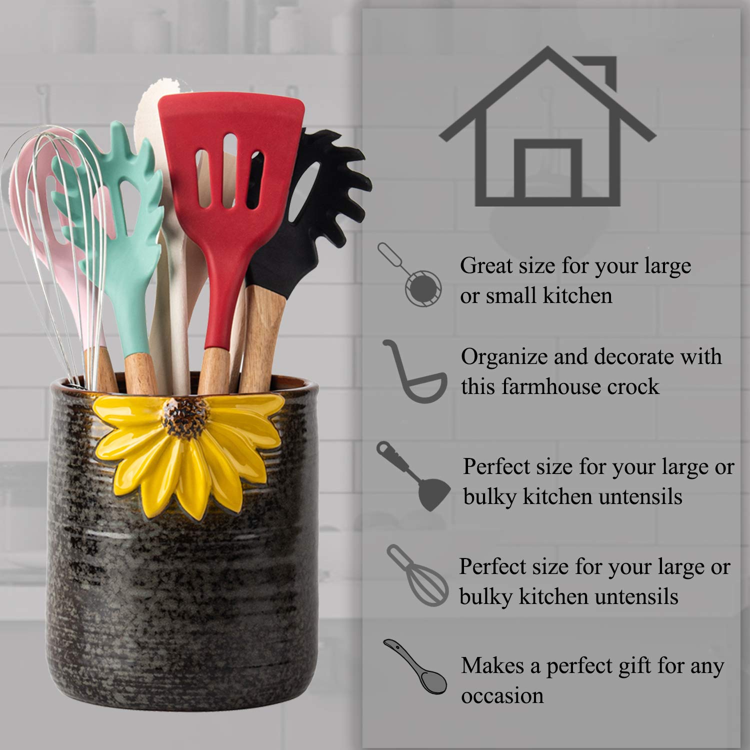 Ceramic Utensil Holder for Kitchen Countertop - Large Sunflower Decor Cooking Utensil Crock | Perfect for Organizing Spoons, Spatulas & Kitchen Tools on Counter or Stovetop