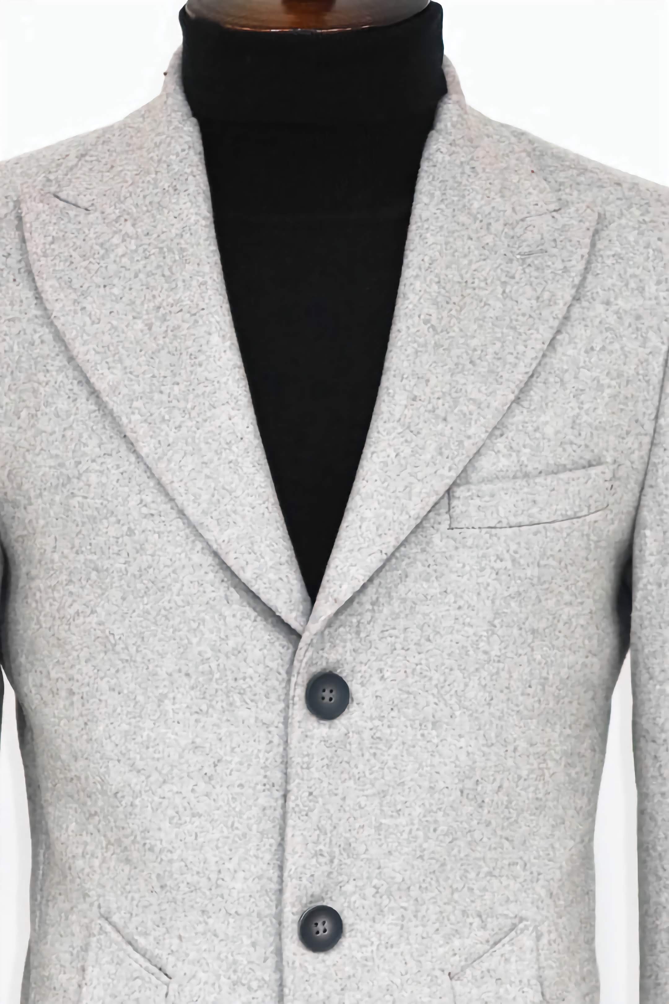 Slim Fit Light Gray Wool Peacoat for Men - Classic Wide Lapel Winter Coat for Business, Office & Formal Occasions
