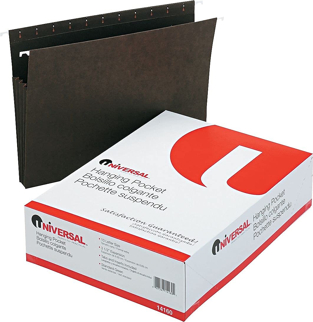Universal 14160 Hanging Box Bottom File Pockets - 11 Point Stock, Letter Size, Standard Green (10/Box) - Perfect for Office Organization, File Storage & Document Management