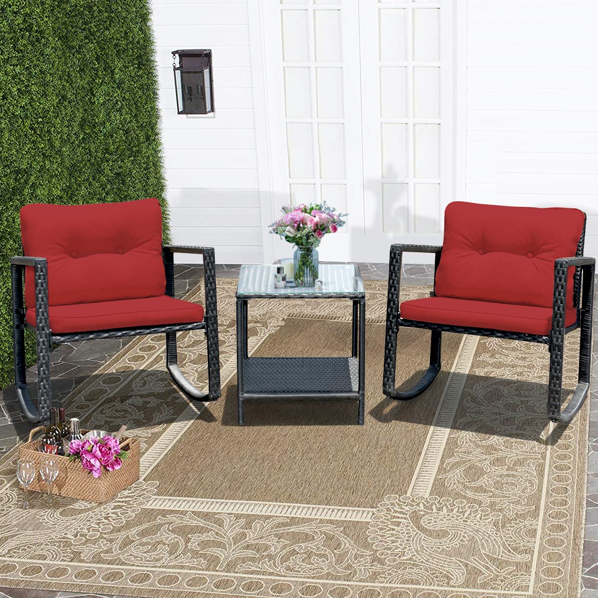 Tangkula 3-Piece Patio Wicker Rocking Bistro Set - Outdoor Rocking Chairs with Cushioned Seats, Glass Coffee Table & Storage Shelf - Red - Perfect for Backyard, Garden, Porch or Balcony Relaxation