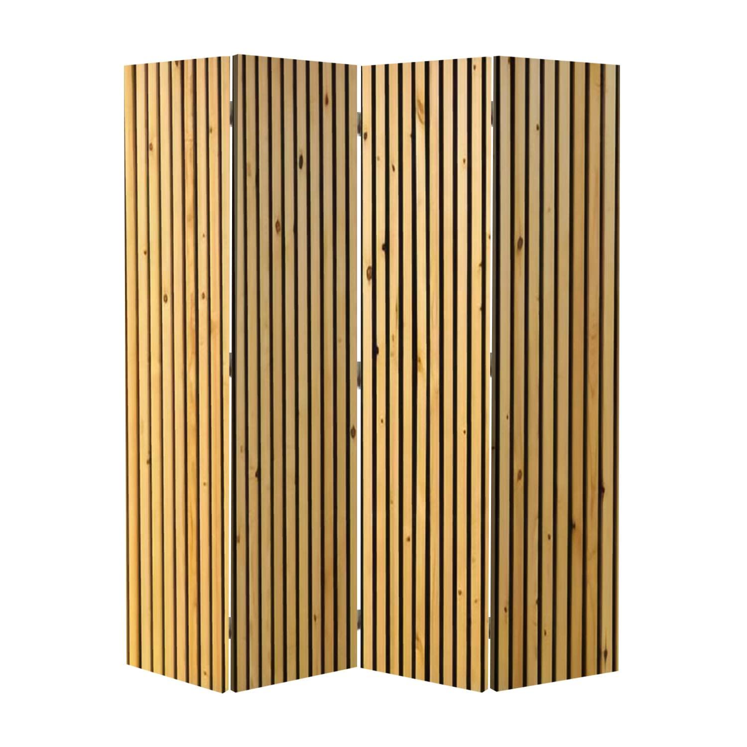 Modern Wooden Room Divider - Natural Brown Vertical Slat Folding Screen with 4 Panels | Dual-Sided Privacy Partition for Home & Office | Perfect for Living Room, Bedroom, and Studio Spaces