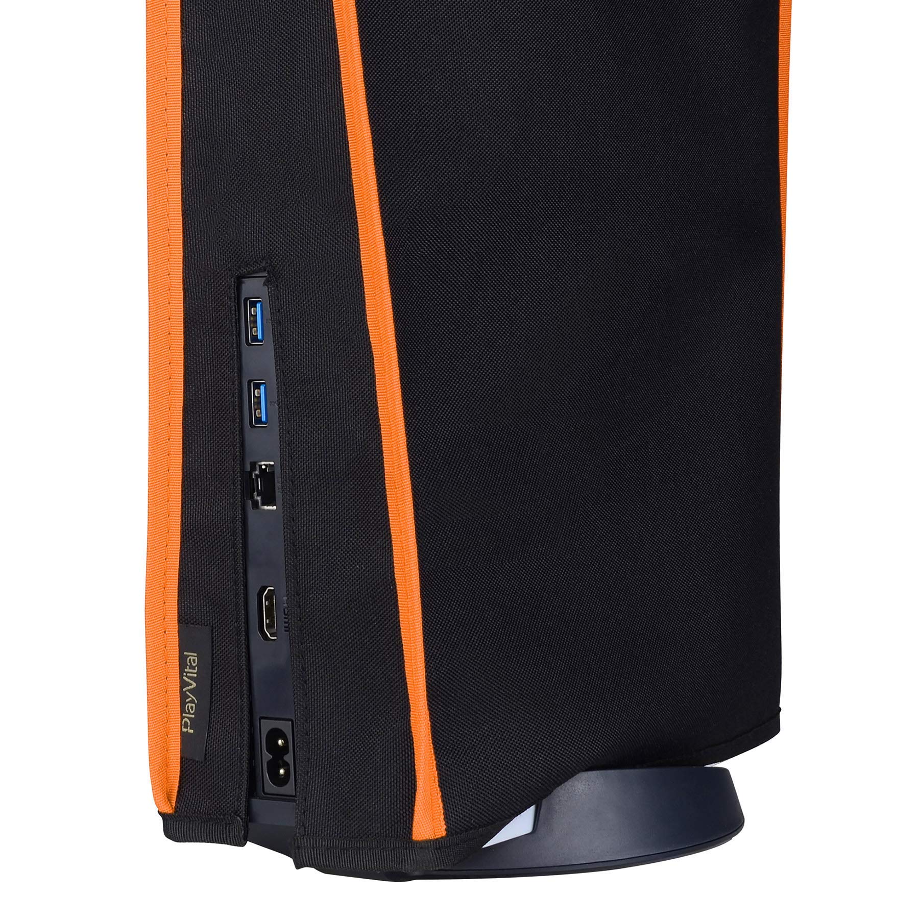 PlayVital Black Nylon Dust Cover for PS5 Console - Soft Lining, Anti-Scratch & Waterproof Protective Sleeve for PS5 Digital & Disc Edition (Orange Trim) - Perfect for Home Entertainment Setup & Gaming Storage Protection
