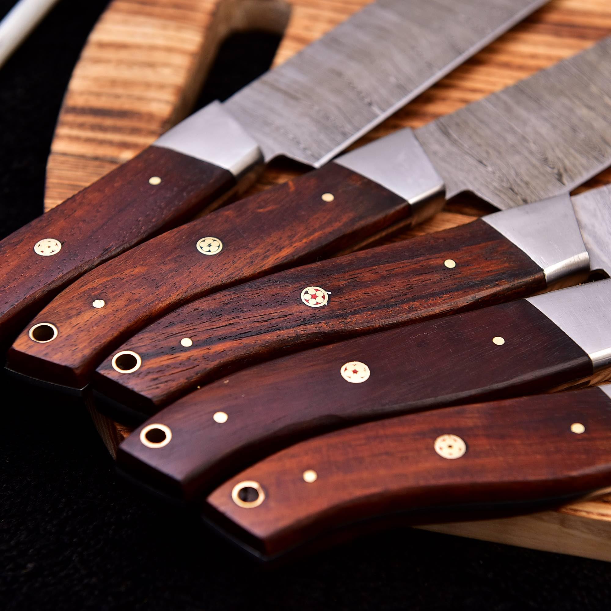 Premium Damascus Steel 6-Piece Professional Kitchen Knife Set with Leather Roll - Handcrafted Utility Knives for Chefs & Home Cooking (Brown) - Perfect for Slicing, Dicing & Food Prep