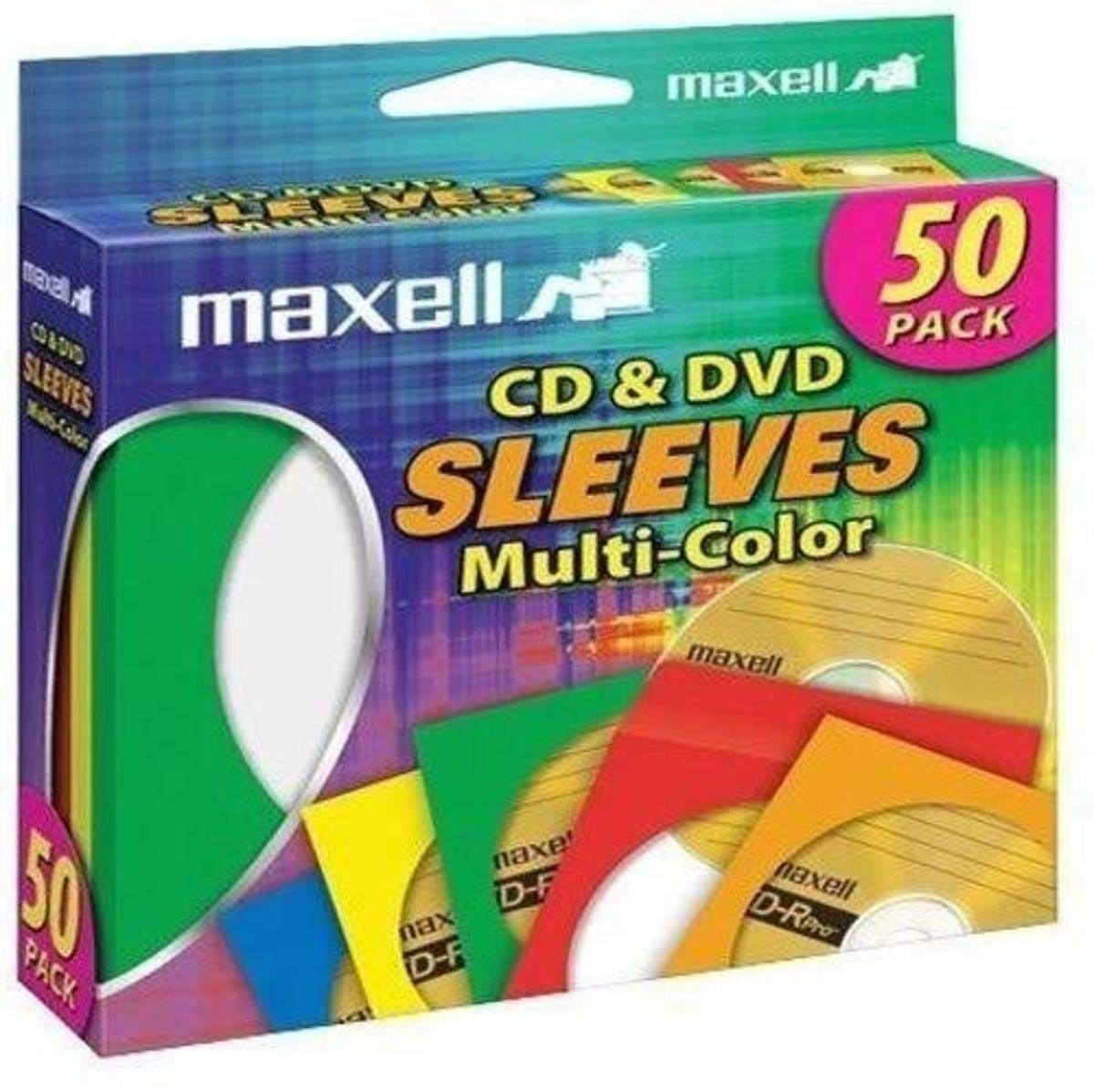 Maxell 190134 CD & DVD Storage Sleeves - 50 Pack Multi-Color Paper Envelopes with Clear Plastic Windows | Ideal for Organizing, Protecting & Archiving Music, Movies & Data Discs
