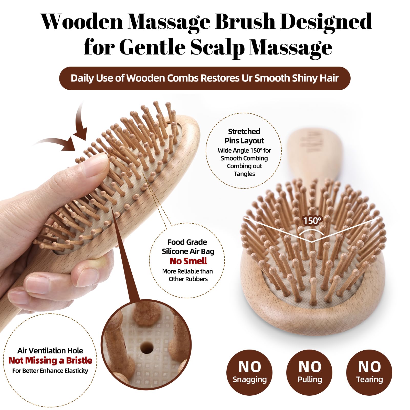 Wooden Hair Brush & Comb Set - Reduce Frizz, Static & Scalp Massage for Women & Kids - Home & Travel Use