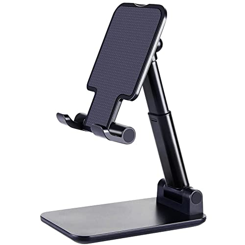 Adjustable Aluminum Phone Stand for Desk - Universal Cell Phone Dock Holder Compatible with iPhone, iPad, Kindle & Tablets (Black) | Perfect for Office, Home, Watching Videos & Hands-Free Calling