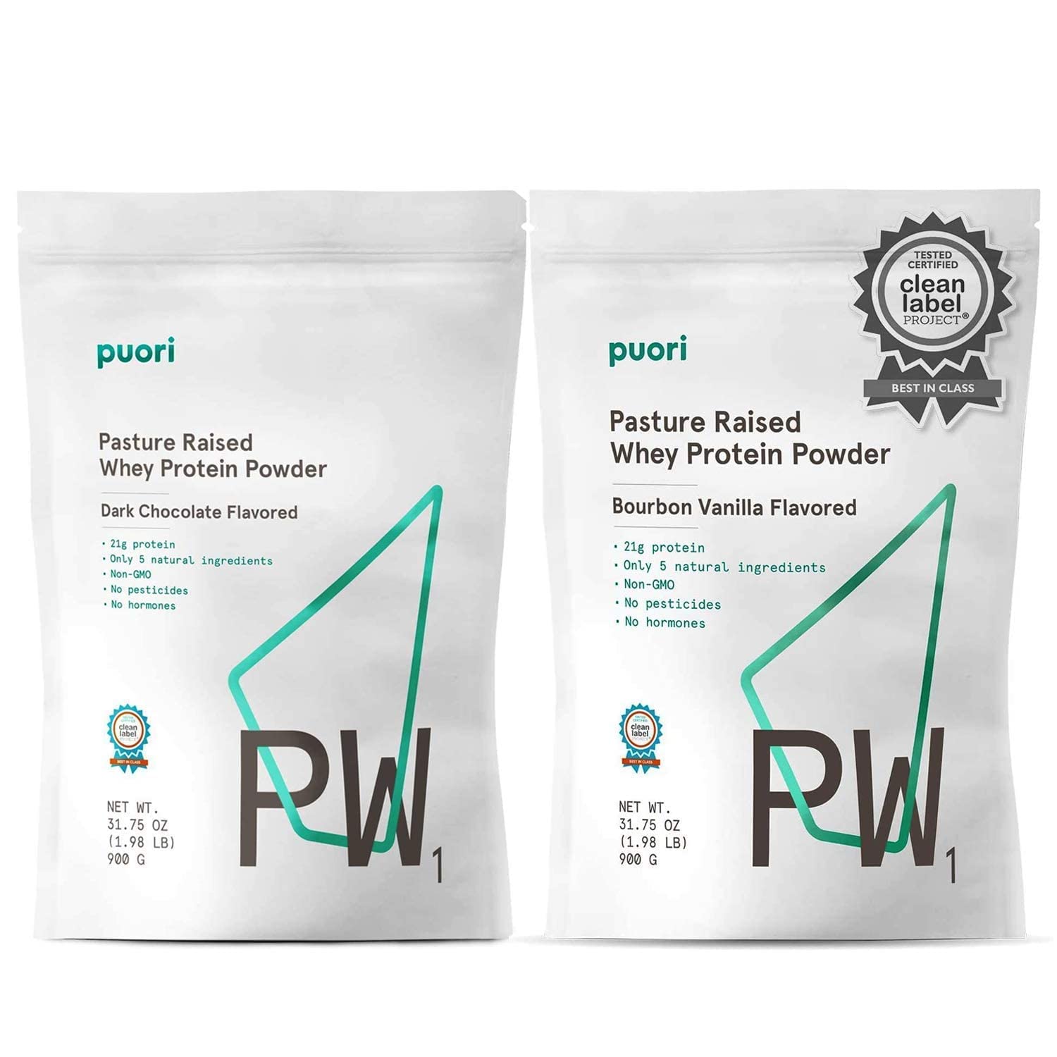 Puori PW1 Whey Protein Powder Bundle - Dark Chocolate & Bourbon Vanilla Flavors | 100% Grass-Fed, Non-GMO, Natural Protein Supplement for Muscle Growth & Recovery (21g Protein per Serving) | Ideal for Post-Workout, Weight Management & Healthy Lifestyle