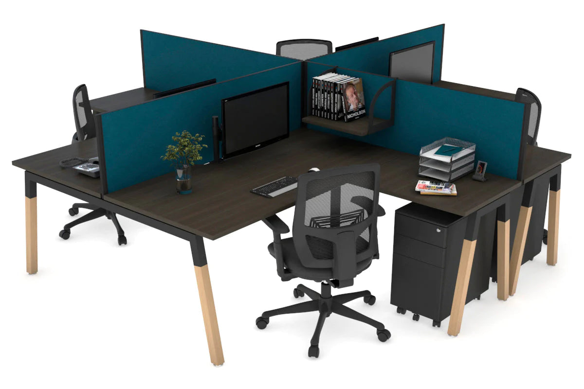 Quadro Wood A Legs Cross Beam 4-Person Corner Workstation Desk - 1600L x 1800W with Cable Management Scallop - Perfect for Office, Home Workspace & Collaborative Environments