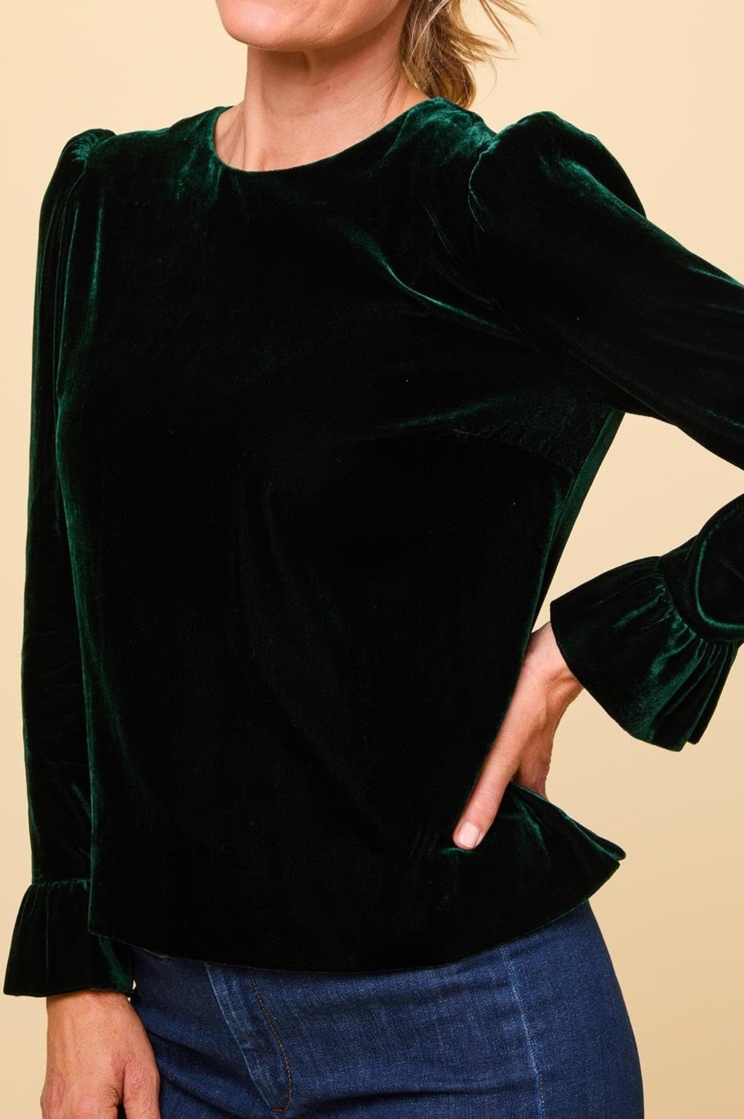 Victoria Velvet Women's Blouse - Elegant Emerald Green Long Sleeve Top for Party, Dinner & Office Wear | Soft Stretch Fabric & Comfort Fit