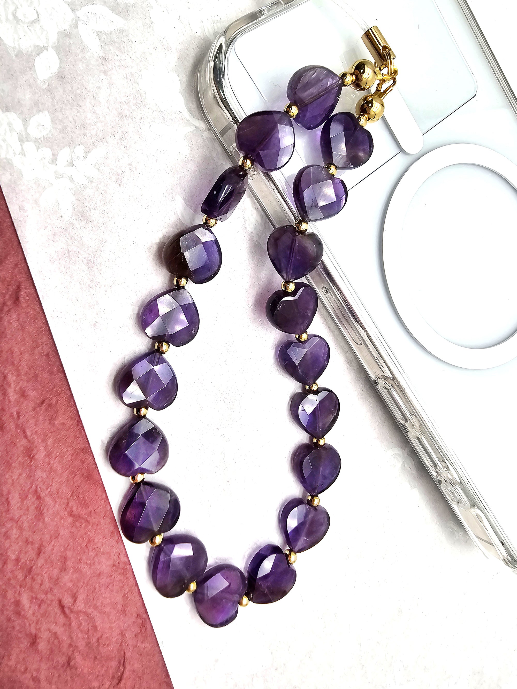 Heart Shaped Amethyst Crystal Phone Strap - Elegant Phone Charm for iPhone Samsung Android - Perfect Gift for Valentines Day Birthday Anniversary