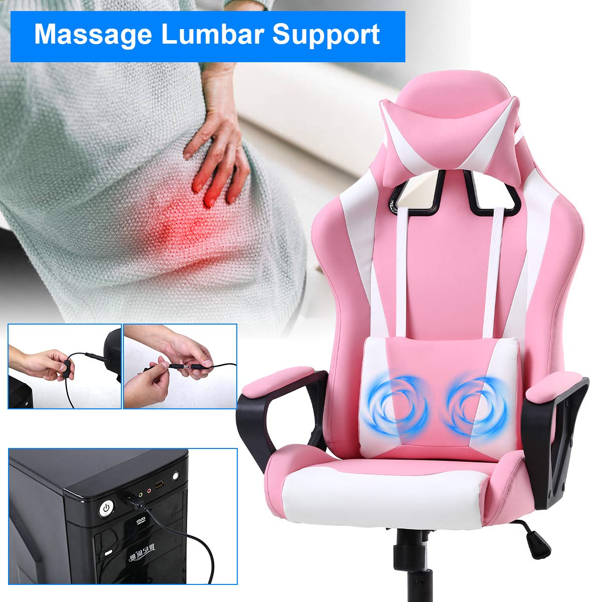 Ergonomic Gaming Chair with Lumbar Support & Headrest - High Back PU Leather Office Computer Chair with Adjustable Height, Armrests & Swivel for Men & Women - Perfect for Gaming, Work & Home Office (Pink)
