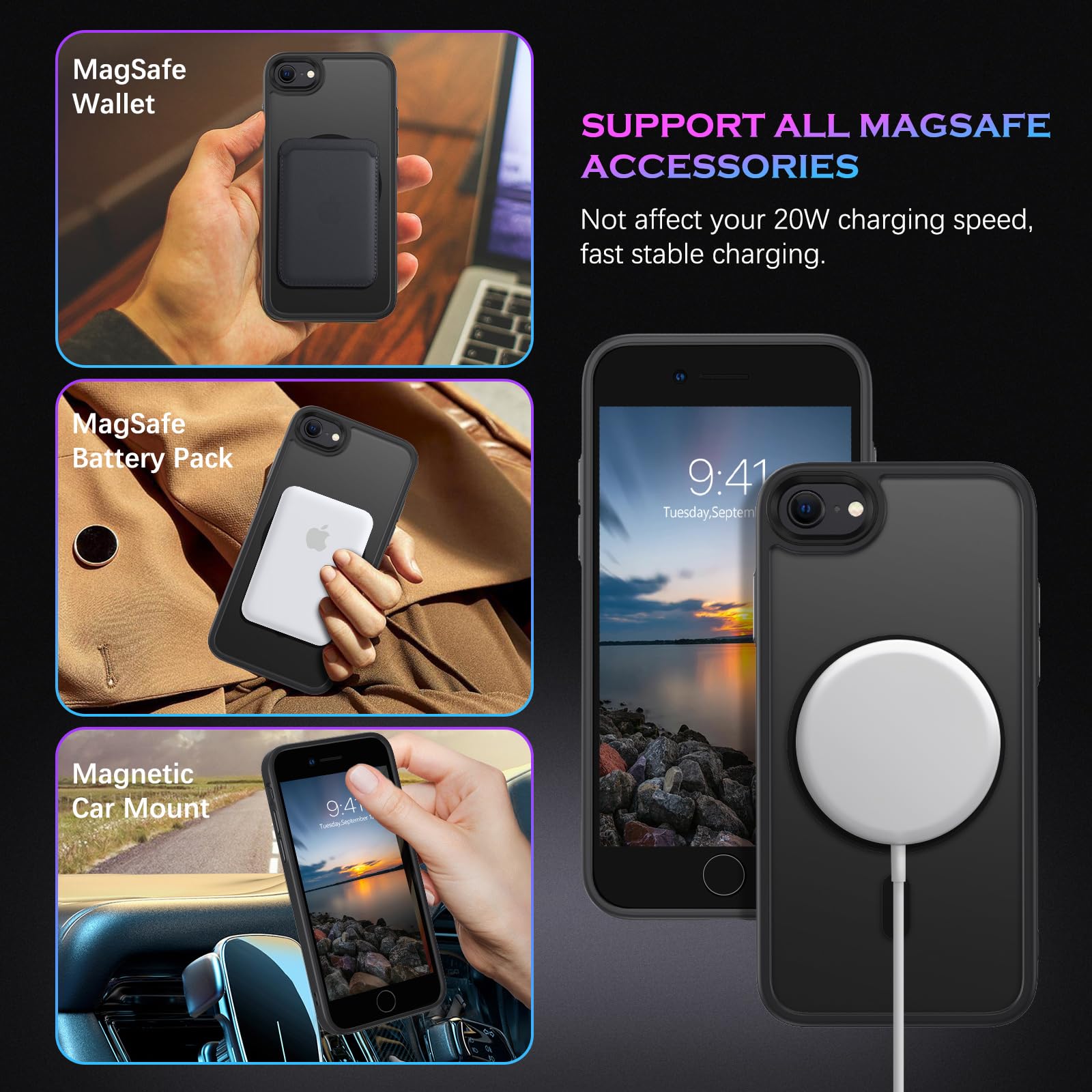 Magnetic iPhone SE Case (2020/2022) & iPhone 8/7 Case - Magsafe Compatible, Translucent Matte Finish, Anti-Scratch Protection - Perfect for Everyday Use, Commuting & Wireless Charging - Black
