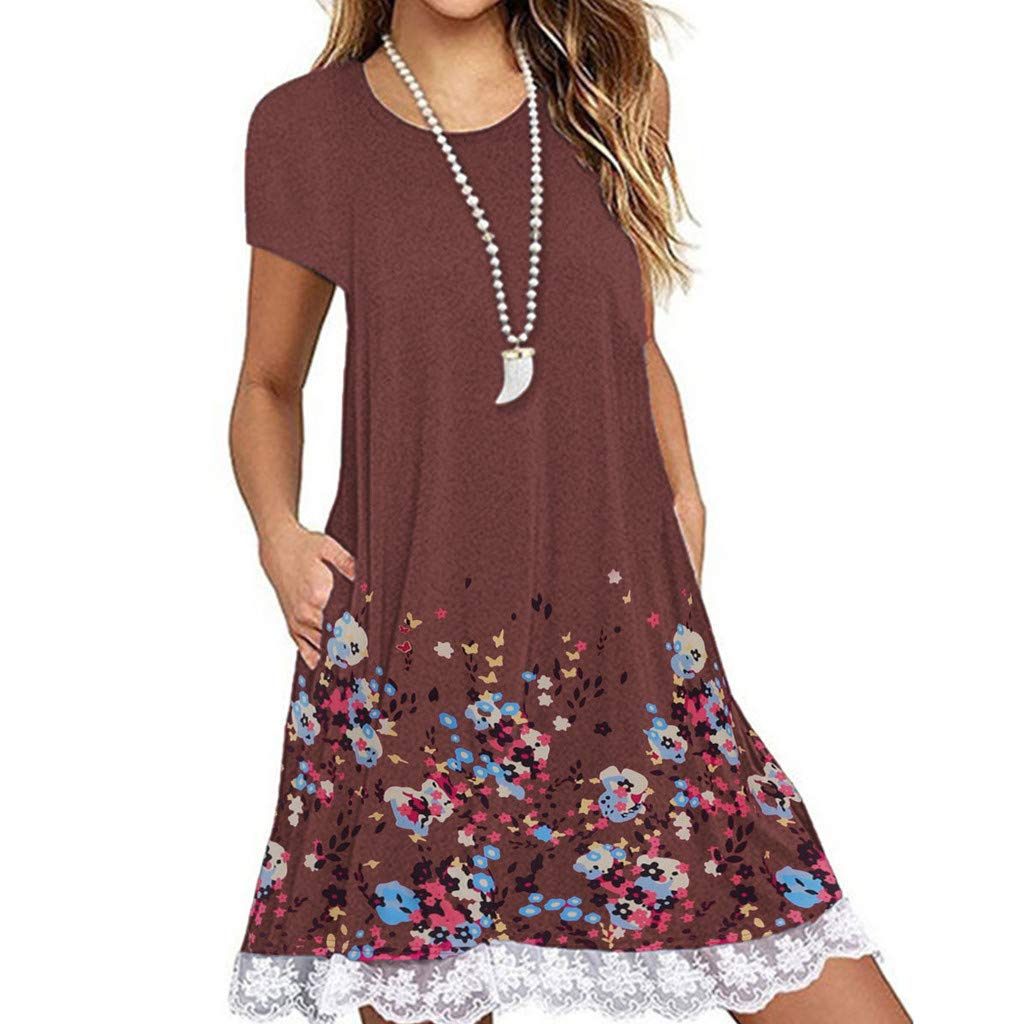Quealent Women's Summer Casual Floral Lace Swing T-Shirt Dress - Short Sleeve Beach Cover Up with Pockets - Perfect for Vacation, Beach Outings and Casual Wear