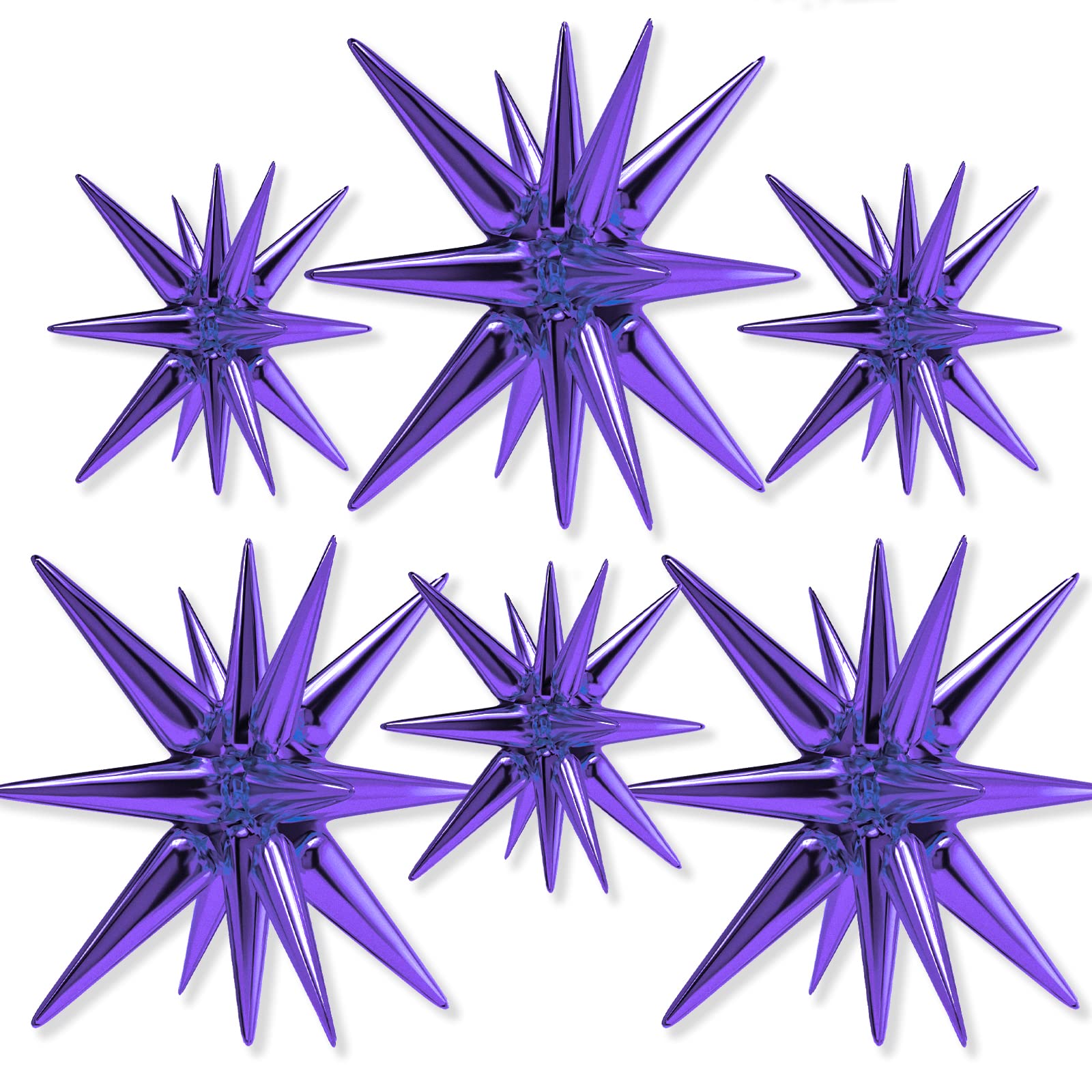 PartyWoo Purple Star Balloons 6-Pack - 14-Pointed Starburst Mylar Balloons (27 & 22 Inch) with Ribbon for Birthday, Wedding, Baby Shower Decorations - Perfect for Ceiling, Wall & Party Backdrop Displays