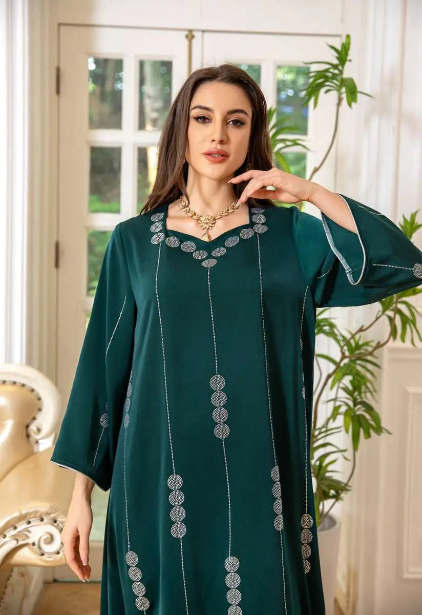 Elegant Hotfix Rhinestone Satin Jalabiya Caftan Dress for Women - Perfect for Eid Celebrations, Weddings & Special Occasions