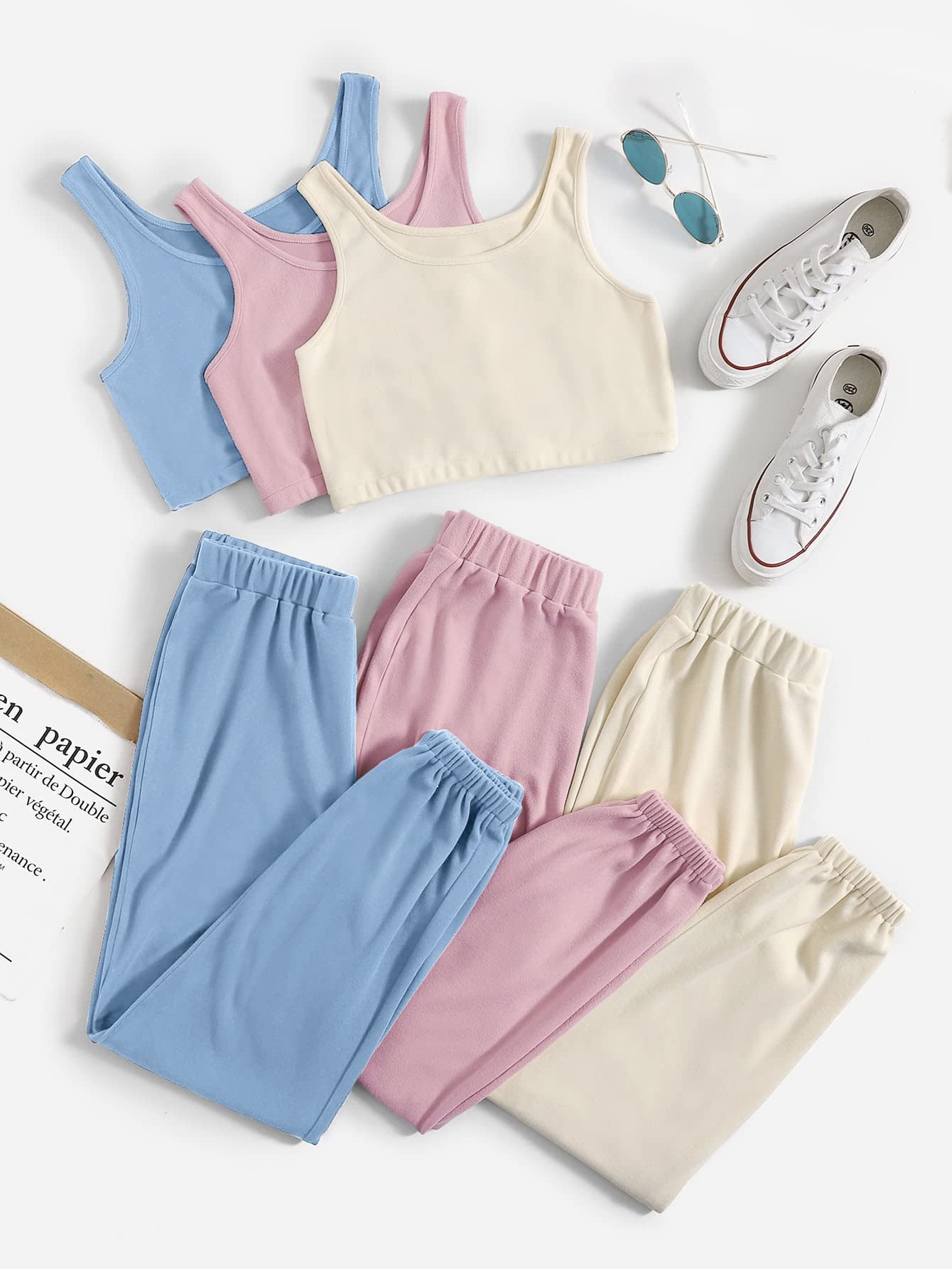 Verdusa Women's 6-Piece Lounge Set - Soft Cotton Tracksuit with Crop Tank Top & Sweatpants | Comfortable Outfit for Yoga, Gym, Running & Home Relaxation
