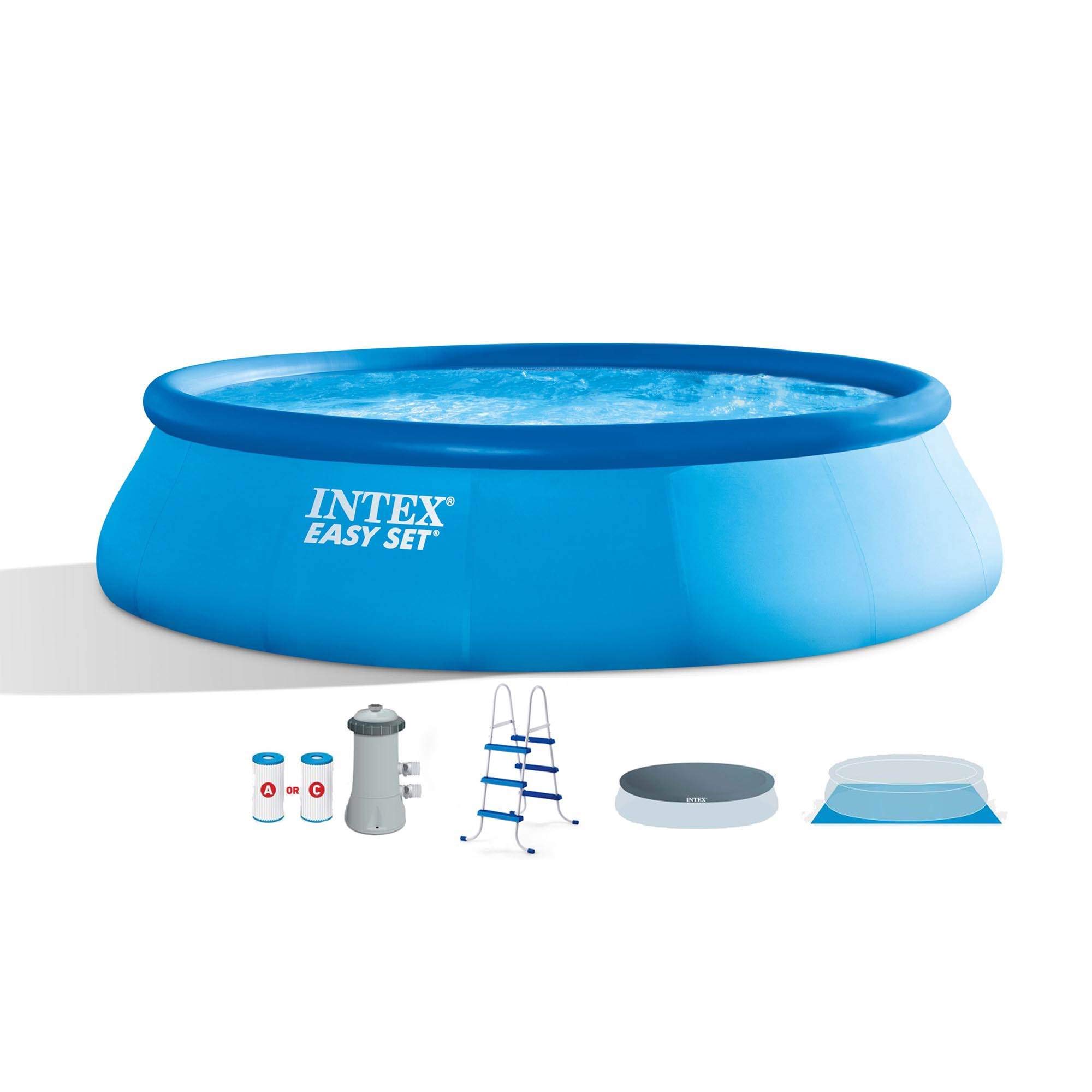 **Intex 15' Round Inflatable Above Ground Swimming Pool Set with Cover, Ladder & Filter Pump – Outdoor Backyard Family Fun, Summer Cooling & Kids Play**