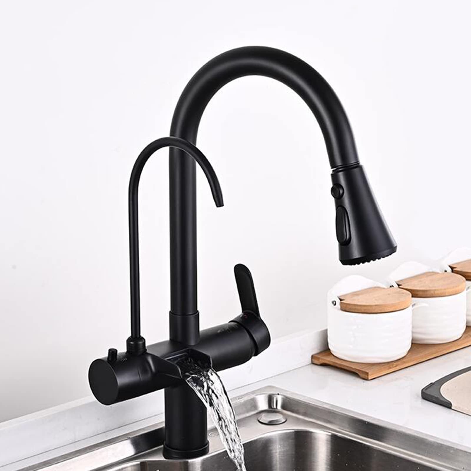 3-Way Kitchen Faucet with Straight Drinking Water Spout - Hot & Cold Brass Swivel Sink Faucet - Multifunctional Black Kitchen Faucet for Modern Homes, Restaurants & RVs