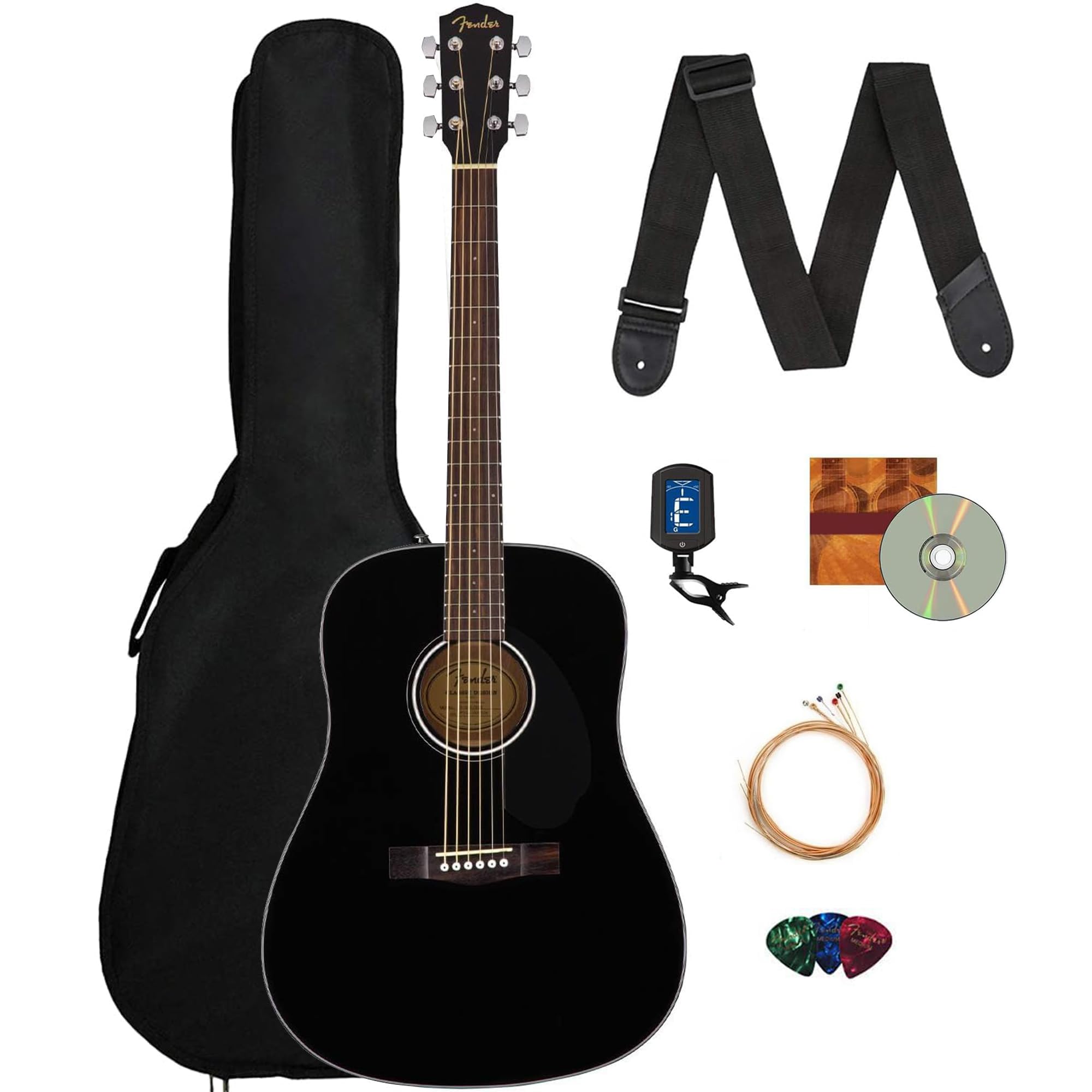 Fender CD-60S Solid Top Dreadnought Acoustic Guitar - Black with Gig Bag, Tuner, Strap, Strings, Picks & Instructional DVD | Perfect for Beginners, Live Performances & Home Practice