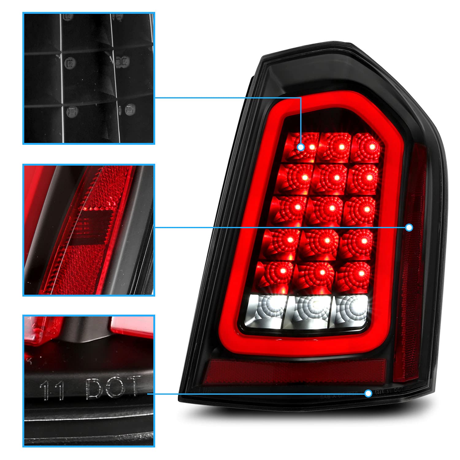 AmeriLite Full Intense LED Tail Lights Brake & Reverse Parking Light Bar for 2011-2014 Chrysler 300 Sedan - Black Housing Vehicle Light Assembly - Upgrade Your Car's Style & Safety for Night Driving & Parking