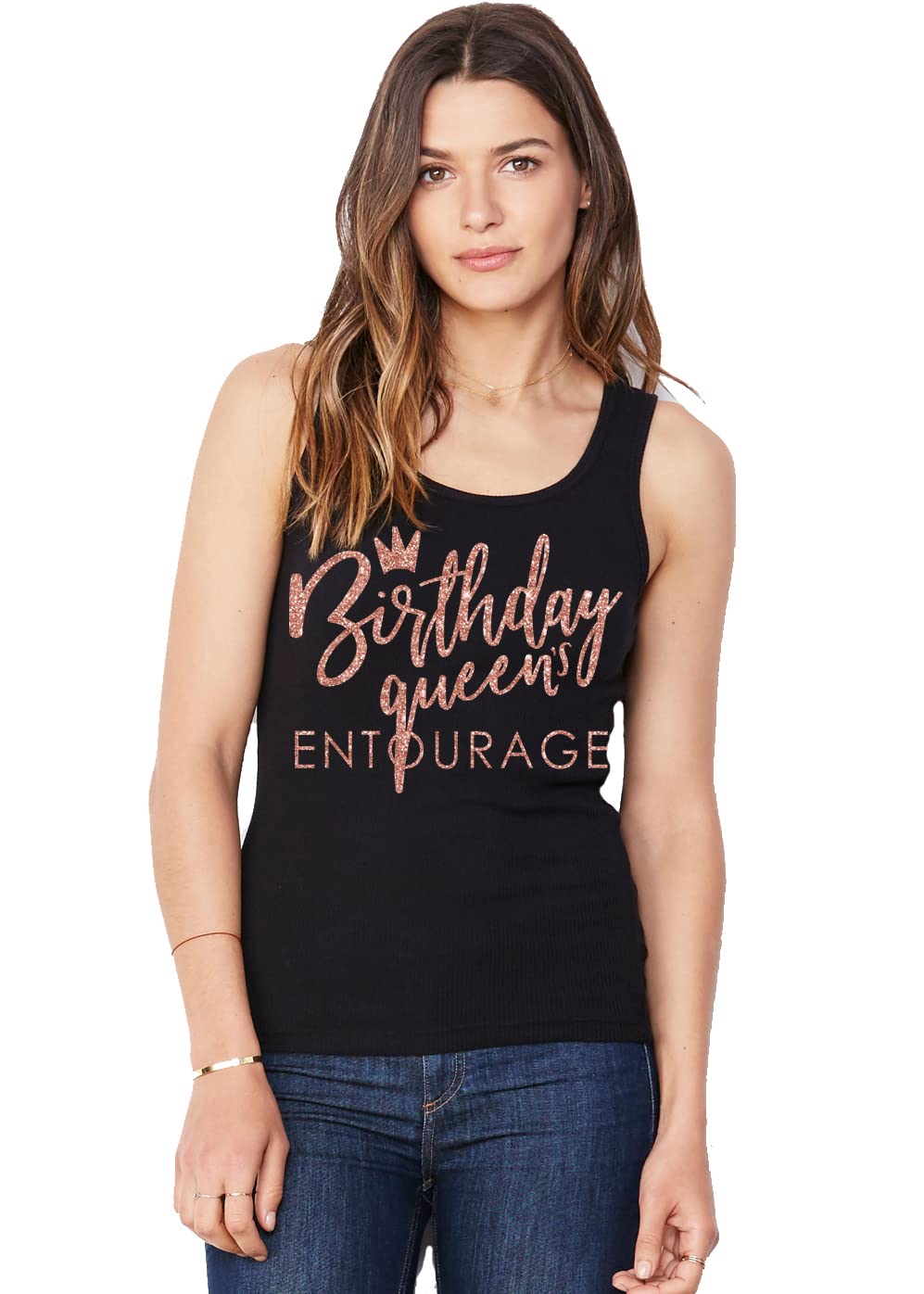 Women's Crystal Rhinestone Birthday Tank Top - Birthday Queen & Squad Shirts for Women - Perfect for Birthday Parties, Girls Night Out & Bachelorette Celebrations