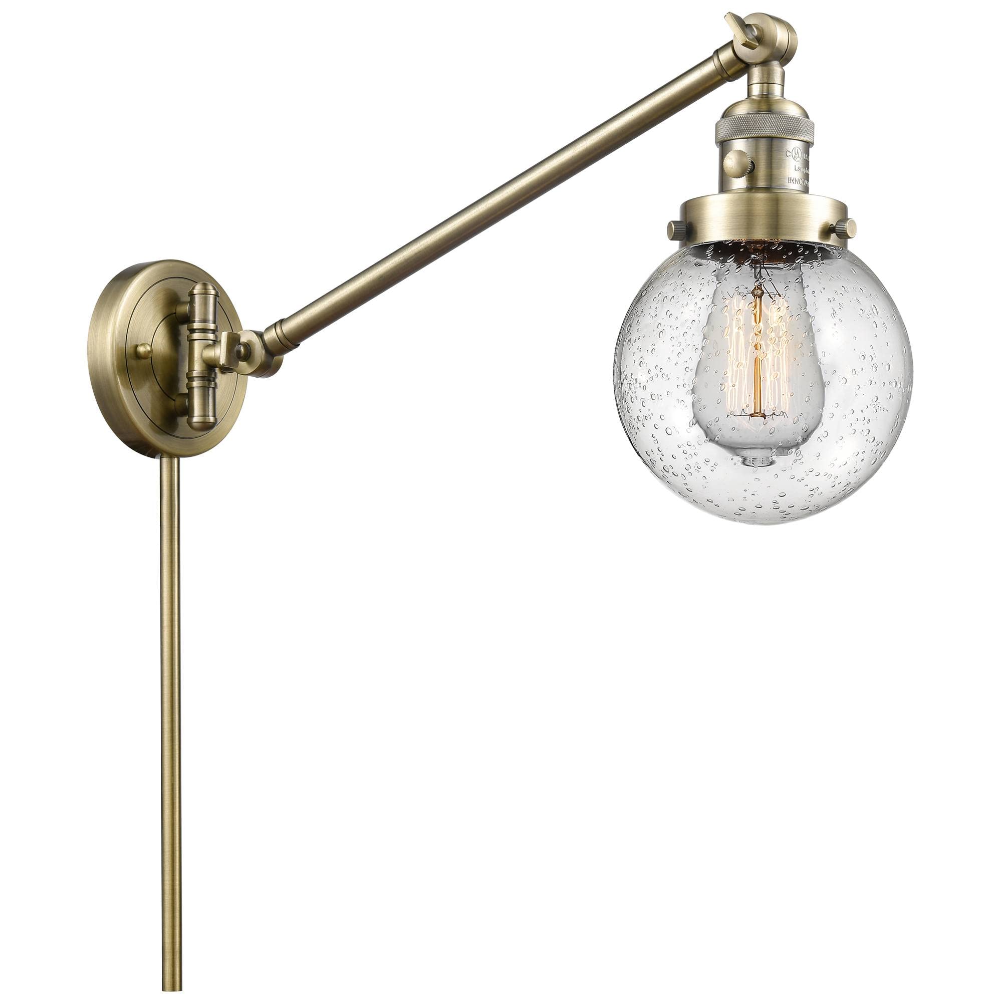 Vintage Dimmable LED Swing Arm Lamp - Antique Brass Finish, 6-LED Bulb, Adjustable Reading Light for Bedroom, Office & Study Room - Innovations 237-AB-G204-6-LED