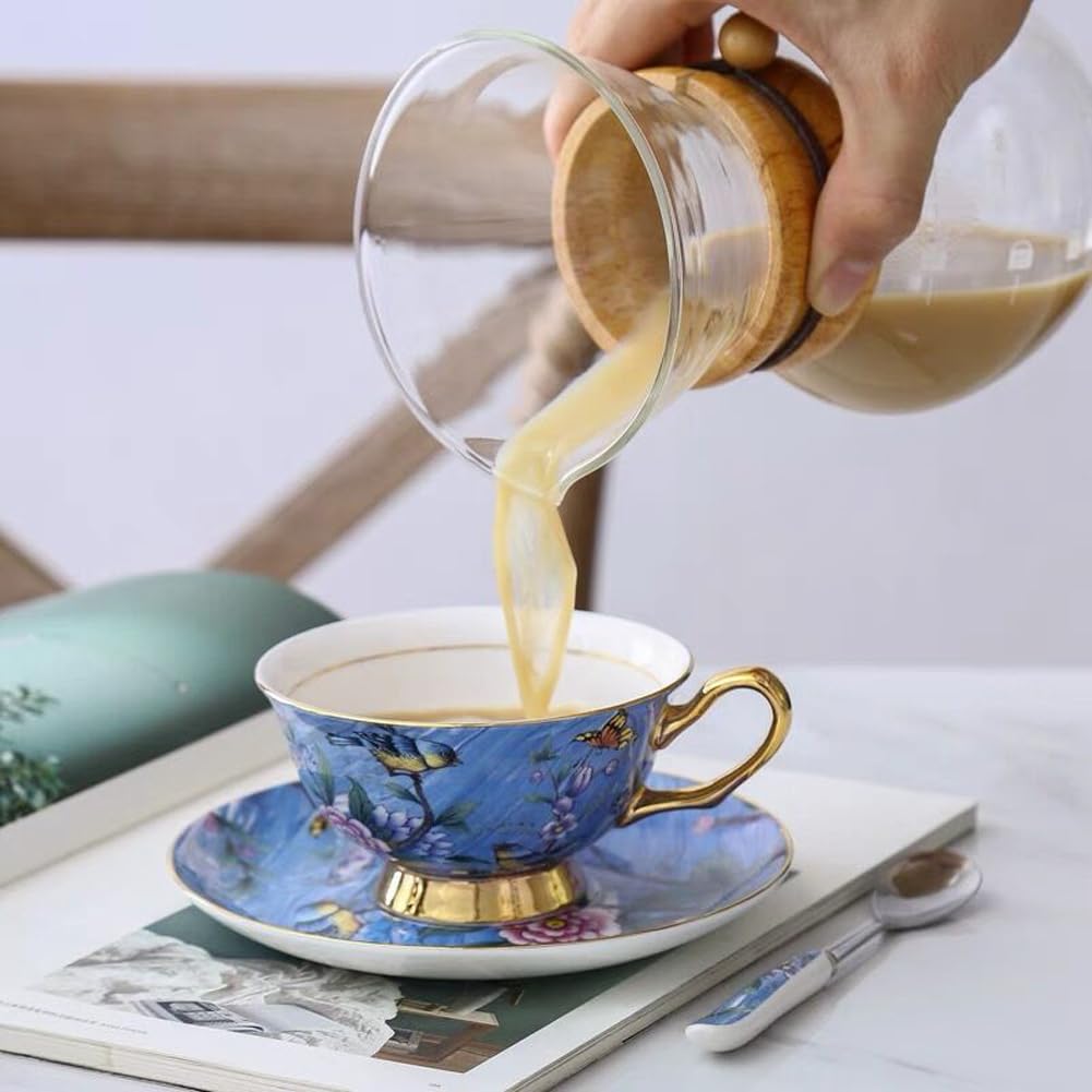 YBK Tech European Style Bone China Tea & Coffee Cup Set with Saucer - Elegant Blue Purple Birds and Trees Design for Breakfast, Home, and Kitchen Use | Perfect for Afternoon Tea, Coffee Breaks, and Dining Decor