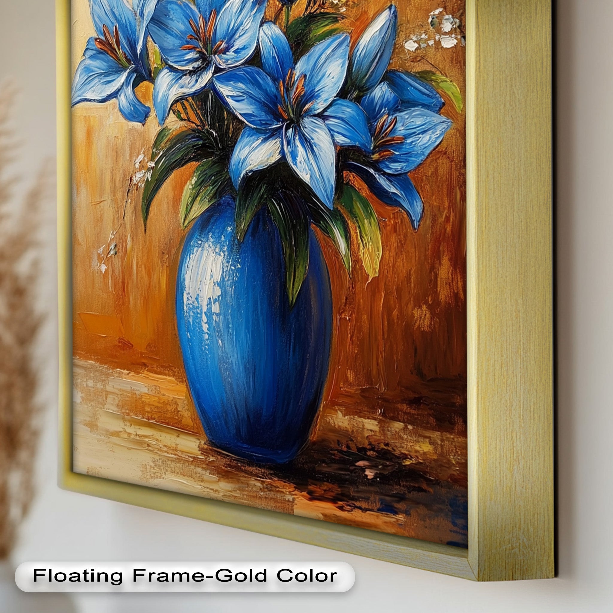 Azure Blossoms in Blue Vase - Hand-Painted Floral Oil Canvas Artwork for Living Room Decor | Wall Art for Home & Office