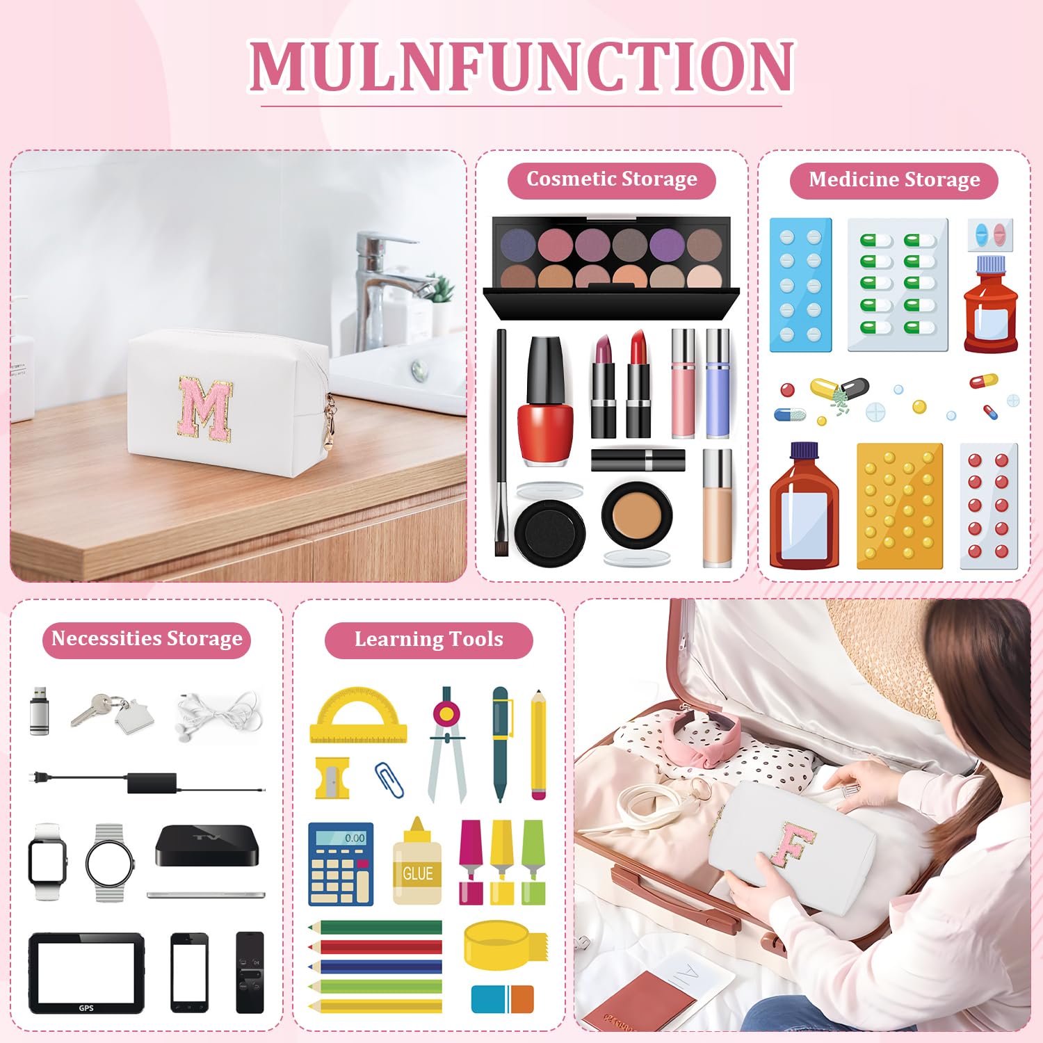 Personalized Initial Letter Makeup Bag for Women - Cute Waterproof PU Leather Cosmetic Bag, Travel Toiletry Organizer with Zipper (A, White) - Perfect for Travel, Gym & Daily Makeup Storage