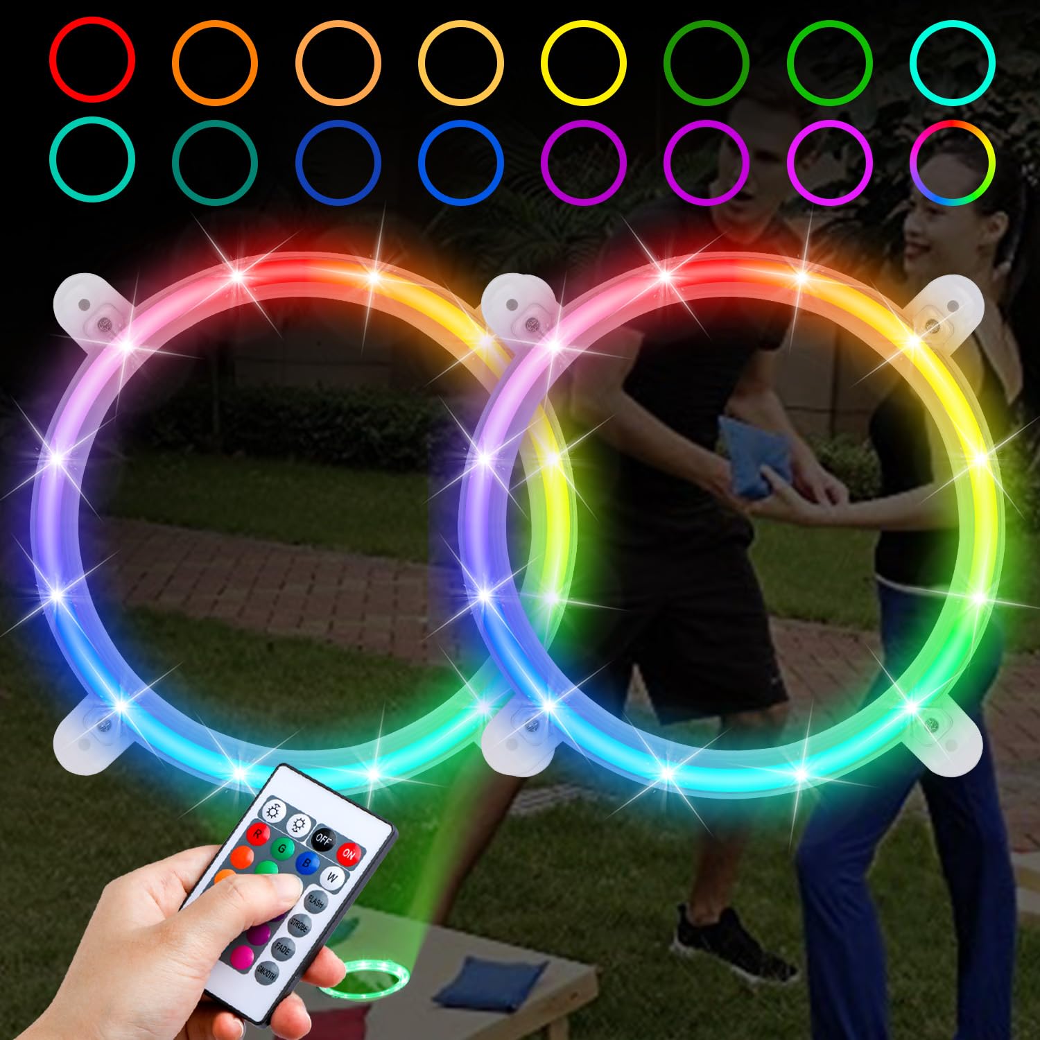 Iesooy LED Cornhole Board Ring Lights - 16 Color Changing with 24-Key Remote, 3 Lighting Modes, 9V Output (2 Pack - Hole Lights Only) - Perfect for Backyard Parties, Tailgating, and Outdoor Games